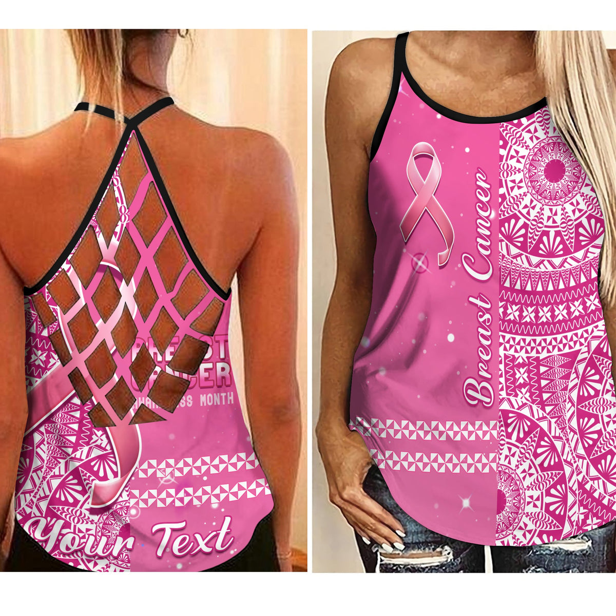 (Custom Personalised) Tonga Breast Cancer Criss Cross Tank Top Tongan Ngatu Pattern No One Fights Alone LT14 Female Pink - Polynesian Pride
