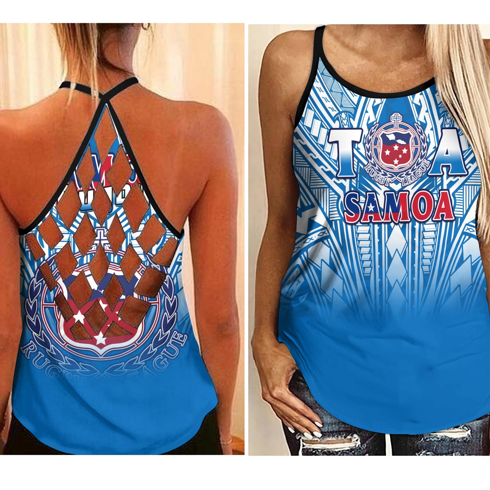 Samoa Rugby Criss Cross Tank Top Toa Samoa Polynesian Pacific Blue Version LT14 Female Blue - Polynesian Pride