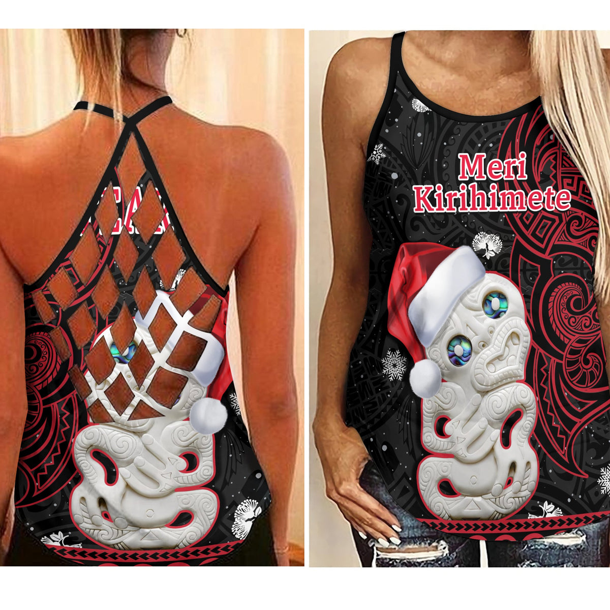New Zealand Christmas Criss Cross Tank Top Hei Tiki Red Pohutukawa Meri Kirihimete LT14 Female Red - Polynesian Pride