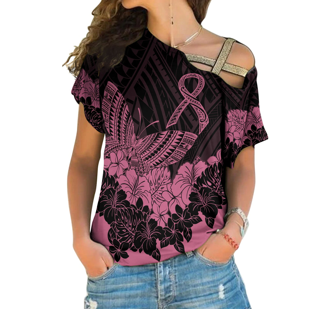 Hawaii Kanaka Breast Cancer Awareness Cross Shoulder Shirt Floral Butterfly LT7 Female Black - Polynesian Pride