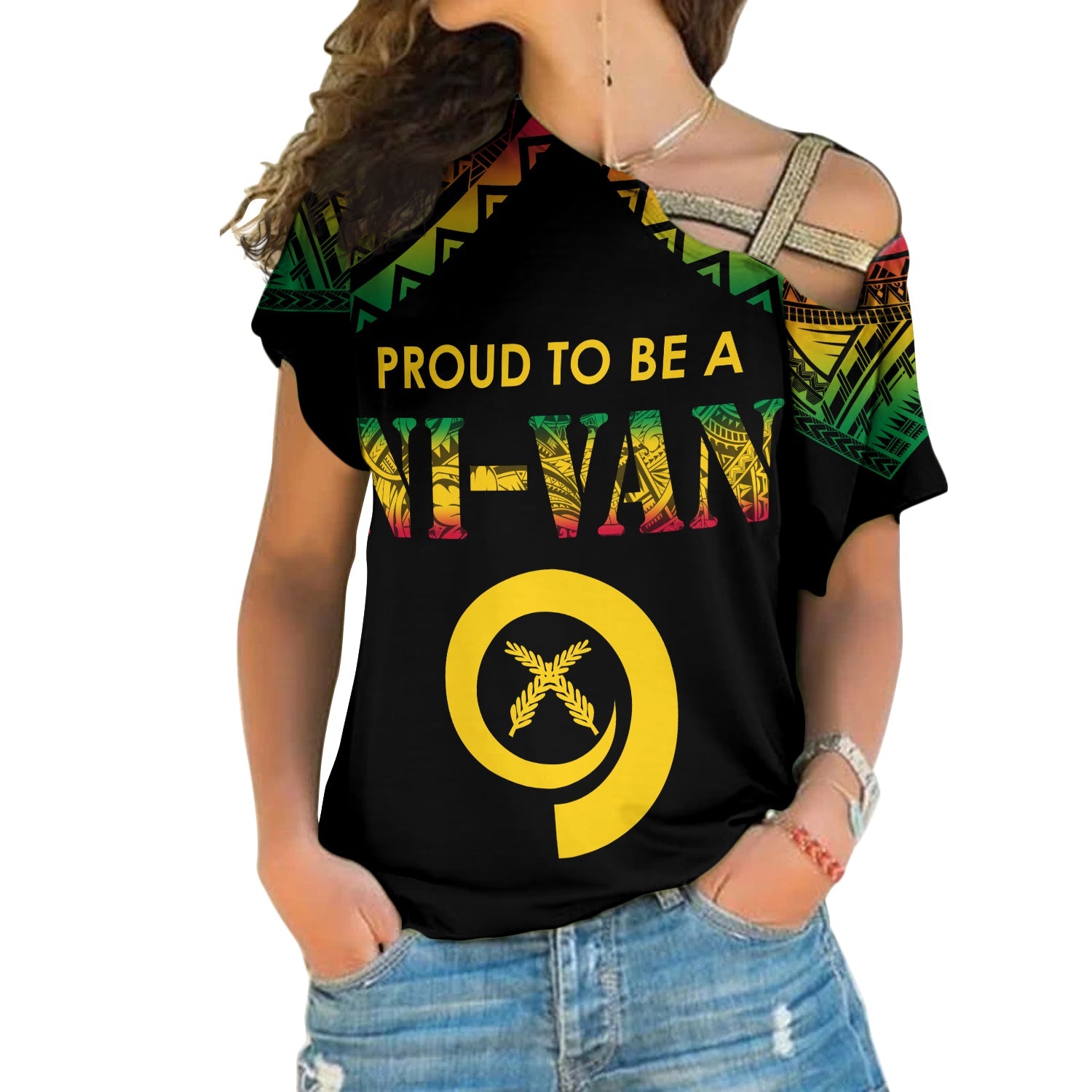 Vanuatu Proud To Be A Ni-Van - Polynesian Pattern Cross Shoulder Shirt LT7 Female Black - Polynesian Pride