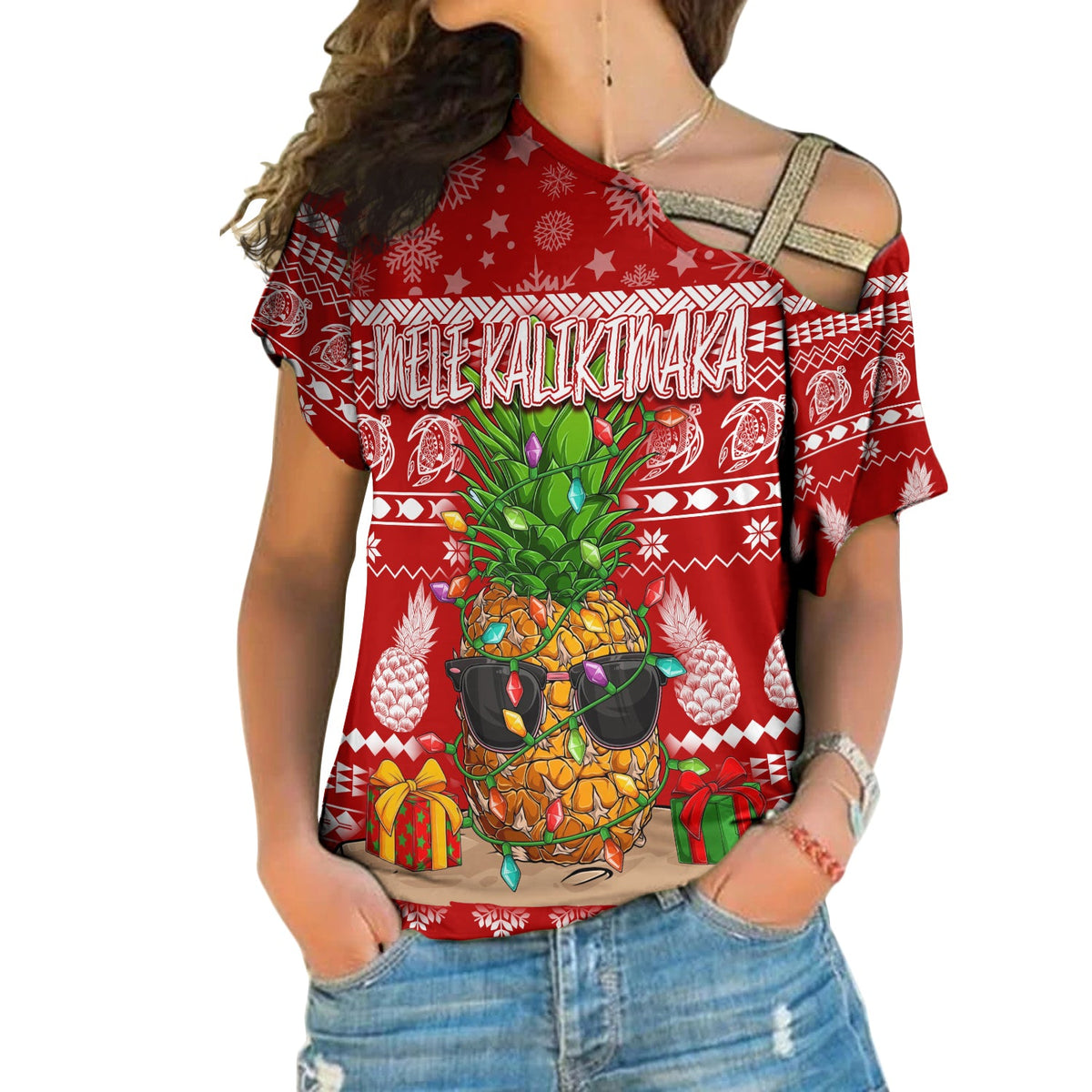 Hawaii Christmas Cross Shoulder Shirt Mele Kalikimaka - Pineapple LT7 Female Red - Polynesian Pride