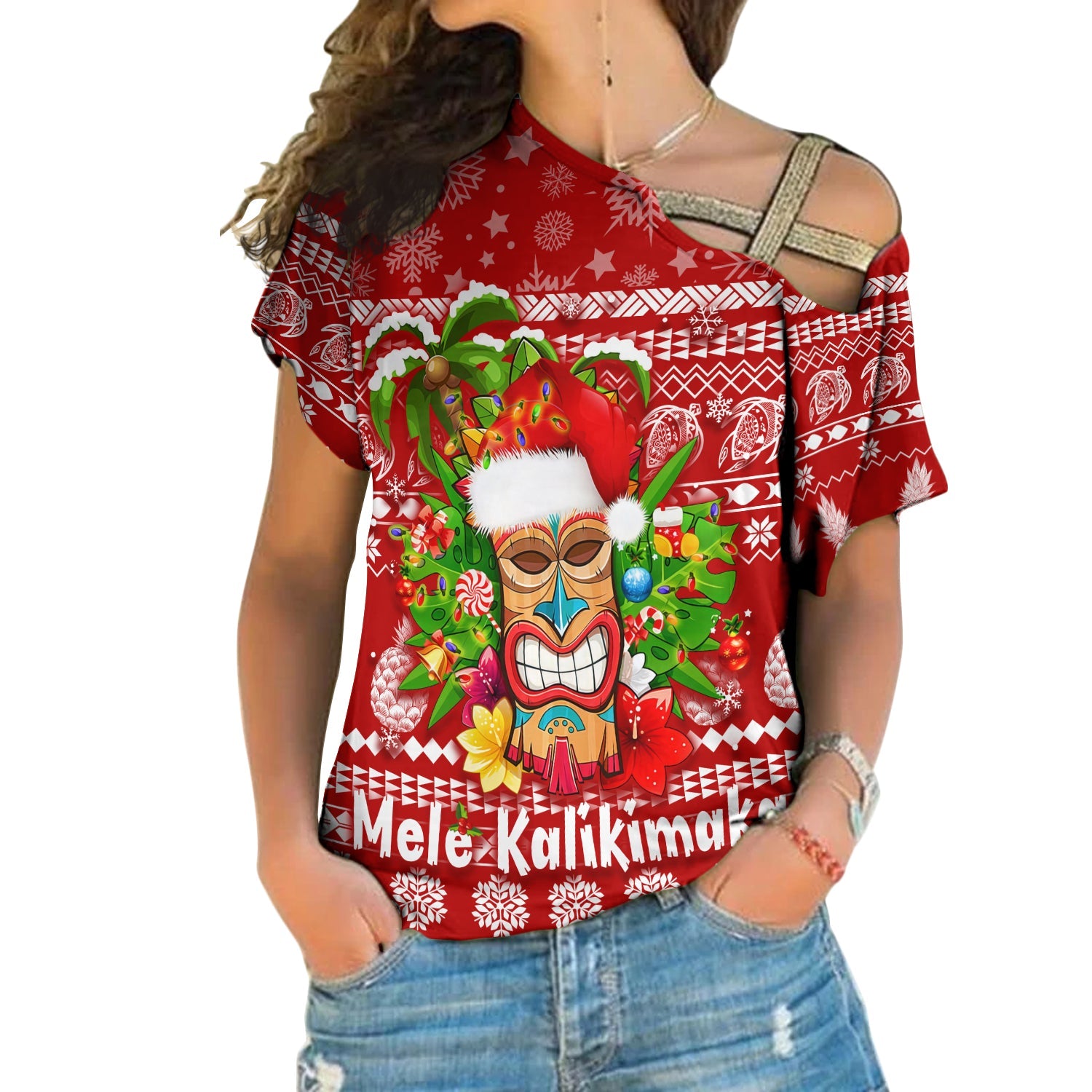 Hawaii Christmas Cross Shoulder Shirt Mele Kalikimaka - Tiki LT7 Female Red - Polynesian Pride