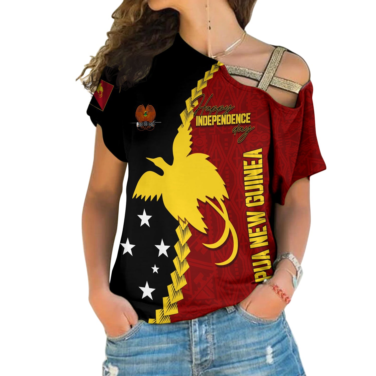 Personalised Papua New Guinea Cross Shoulder Shirt 47th Independence Anniversary - Motu Revareva LT7 Female Red - Polynesian Pride