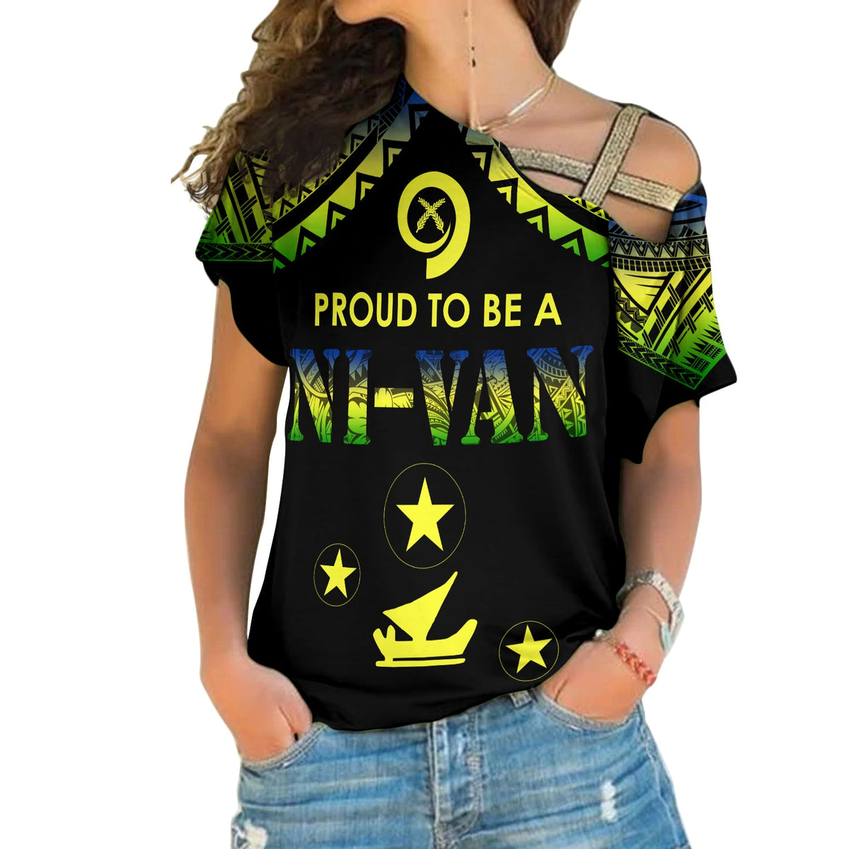 Vanuatu Proud To Be A Ni-Van - Polynesian Pattern Cross Shoulder Shirt - Malampa Province LT7 Female Black - Polynesian Pride