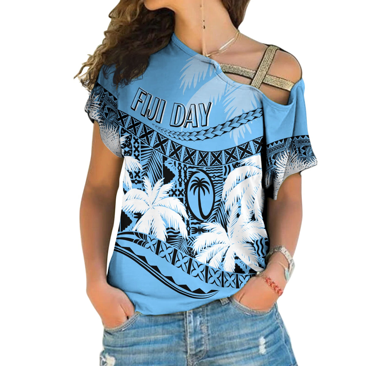 Personalised Fiji Day Cross Shoulder Shirt Flying Fijians Masi Kesa Style - Turquoise LT7 Female Turquoise - Polynesian Pride