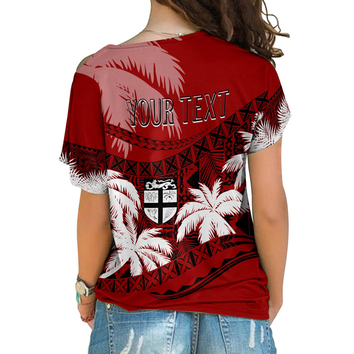 Personalised Fiji Day Cross Shoulder Shirt Flying Fijians Masi Kesa Style - Red LT7 - Polynesian Pride