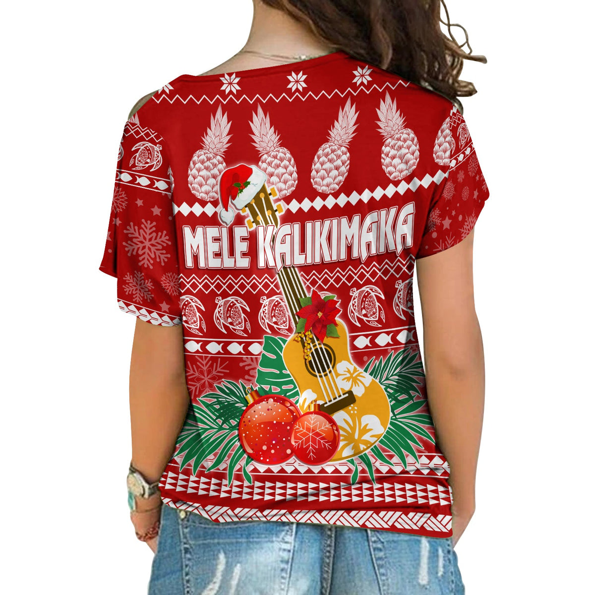 Hawaii Christmas Cross Shoulder Shirt Mele Kalikimaka - Ukulele LT7 - Polynesian Pride