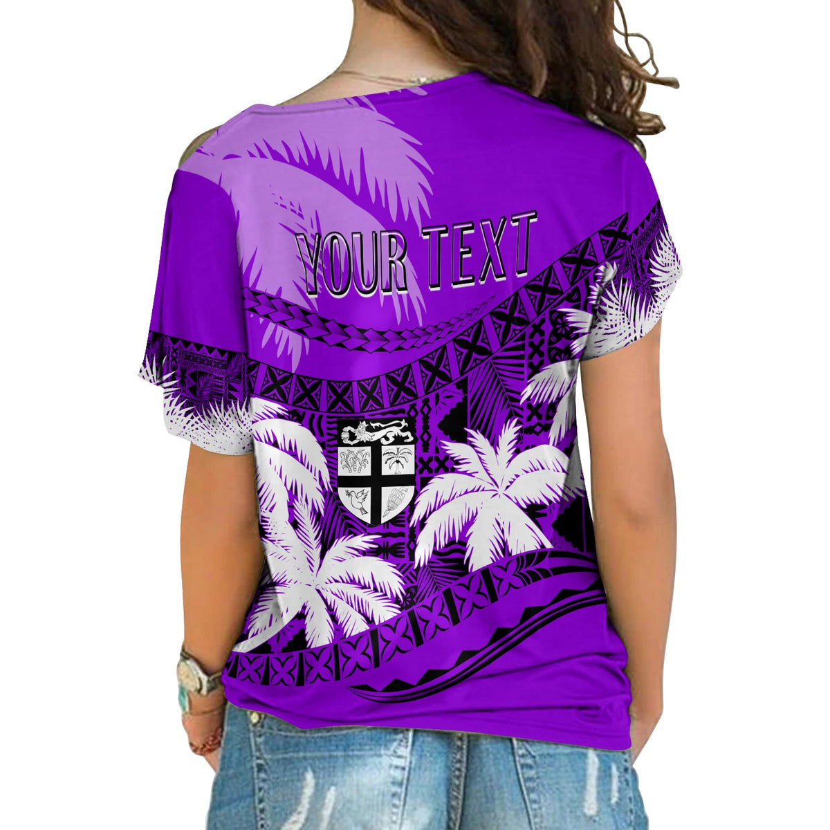 Personalised Fiji Day Cross Shoulder Shirt Flying Fijians Masi Kesa Style - Violet LT7 - Polynesian Pride