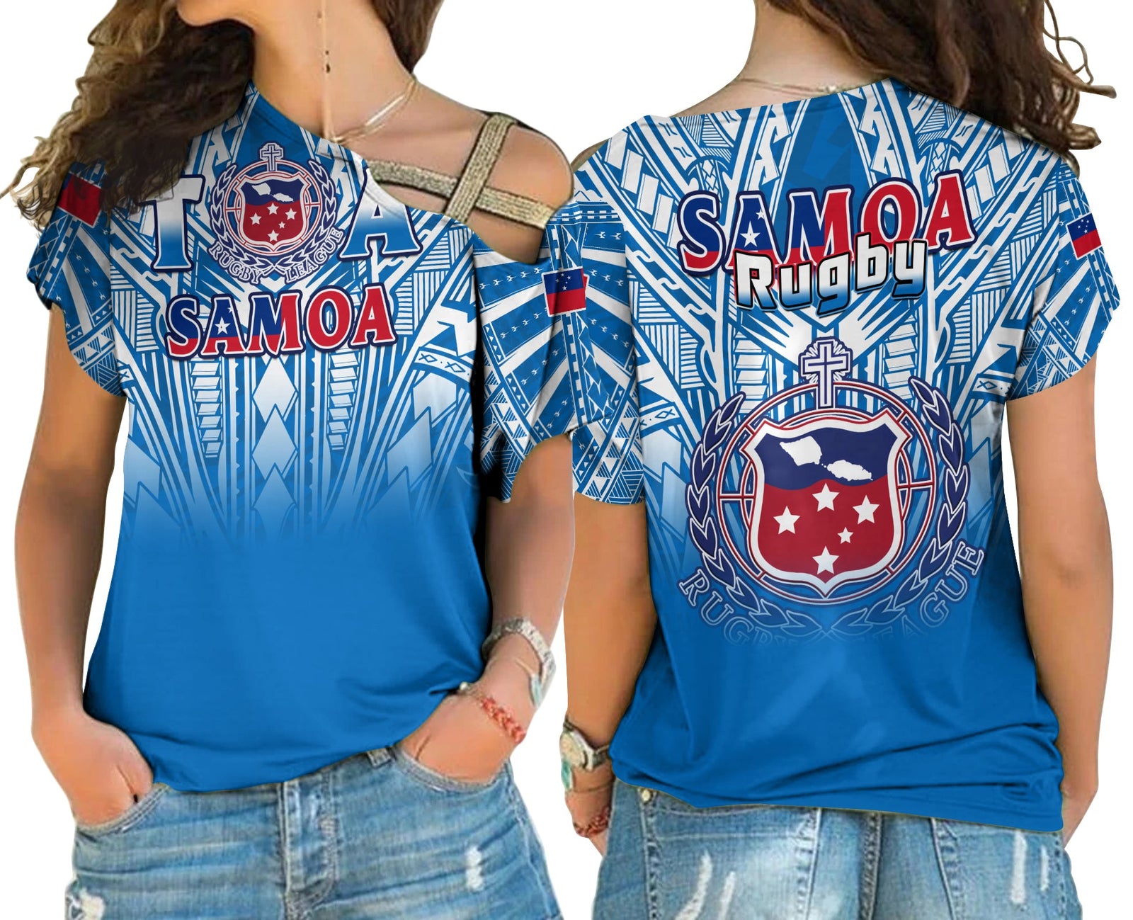 Samoa Rugby Cross Shoulder Shirt Toa Samoa Polynesian Pacific Blue Version LT14 Female Blue - Polynesian Pride