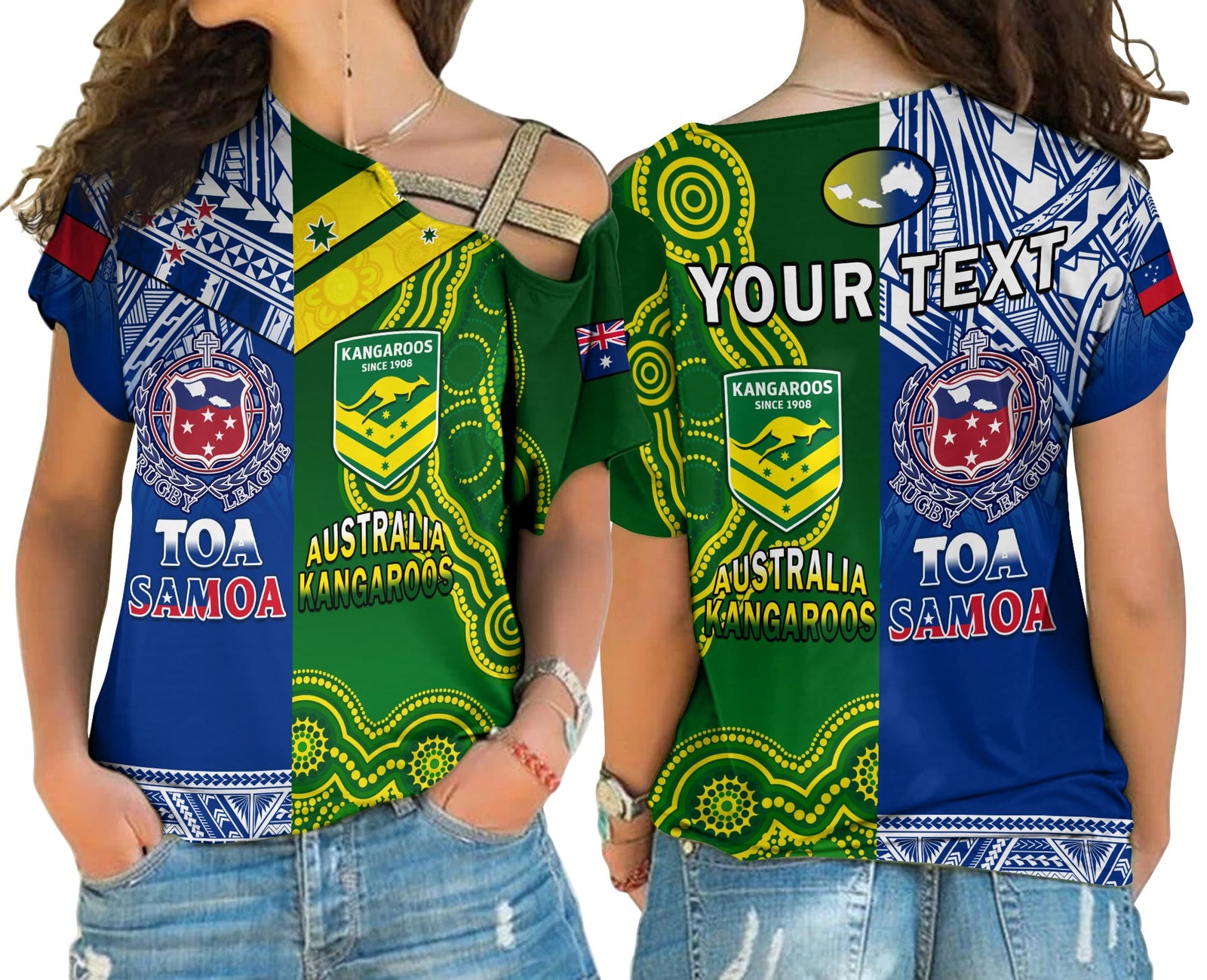 (Custom Personalised) Samoa Rugby and Australia Rugby Cross Shoulder Shirt Toa Samoa Mix Kangaroos Pacific LT14 Female Art - Polynesian Pride