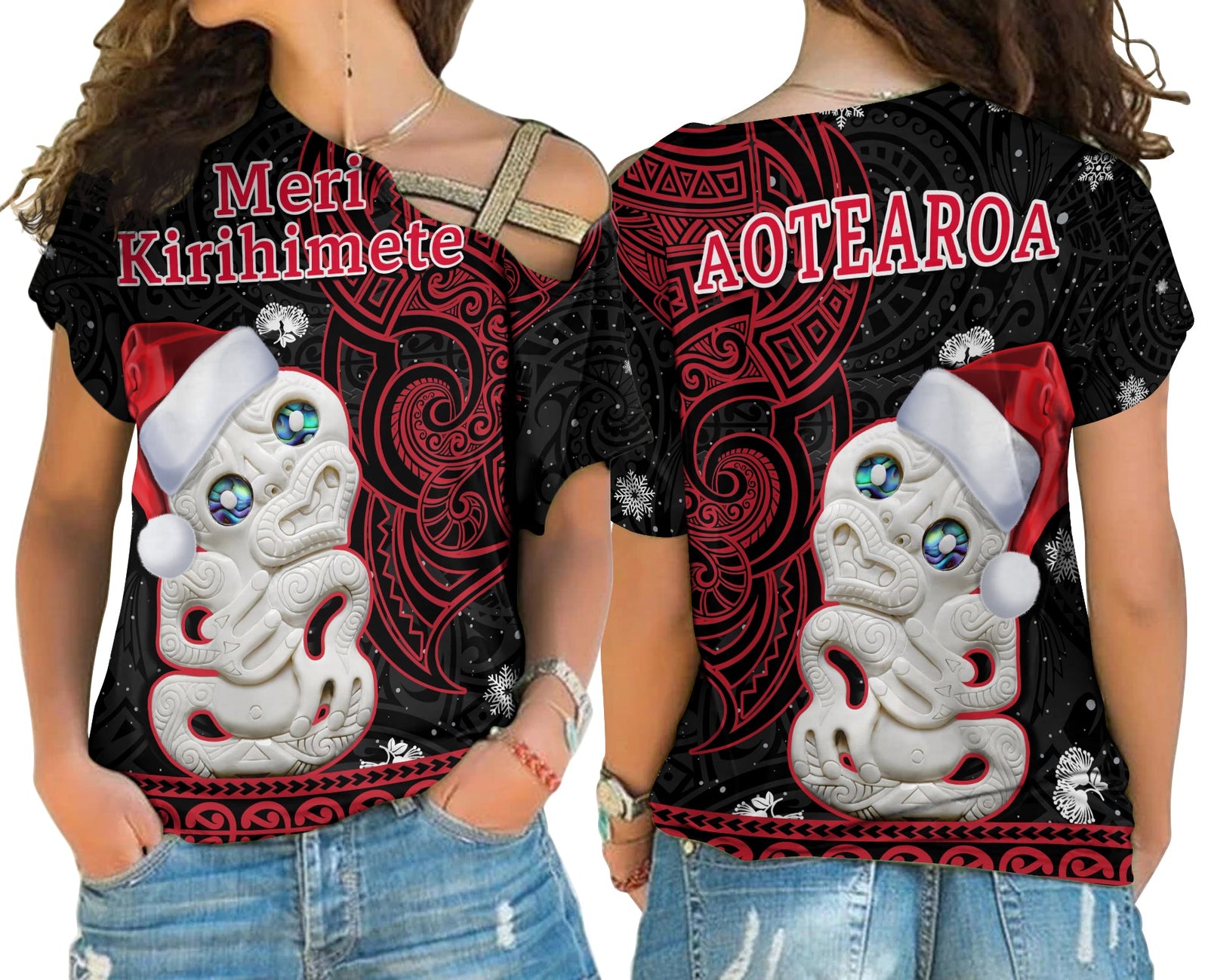 New Zealand Christmas Cross Shoulder Shirt Hei Tiki Red Pohutukawa Meri Kirihimete LT14 Female Red - Polynesian Pride