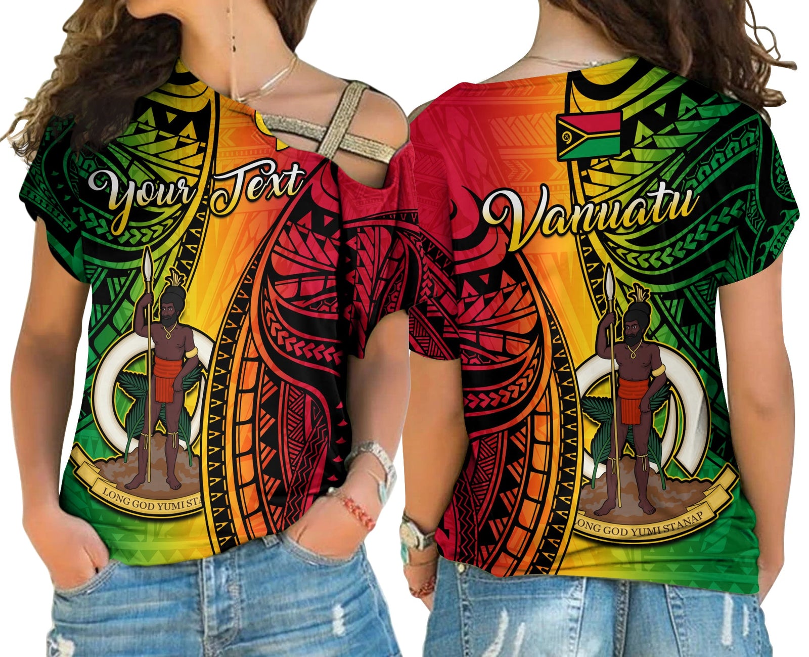(Custom Personalised) Vanuatu Cross Shoulder Shirt Luganville Polynesian Reggae Coat Of Arms LT14 Female Reggae - Polynesian Pride