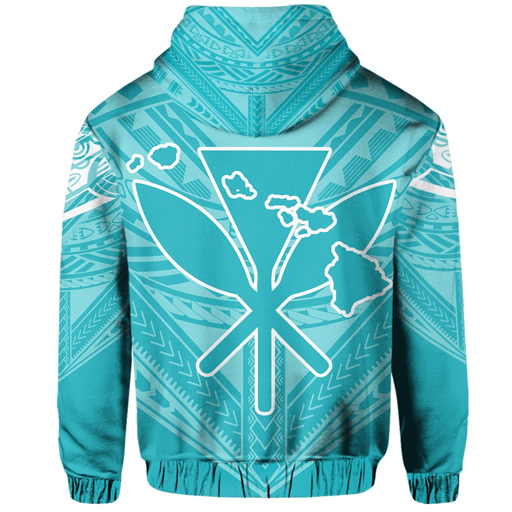 Hawaiian Kanaka Map Football Jersey Hoodie Zip Cyan and White Roger Style - Polynesian Pride