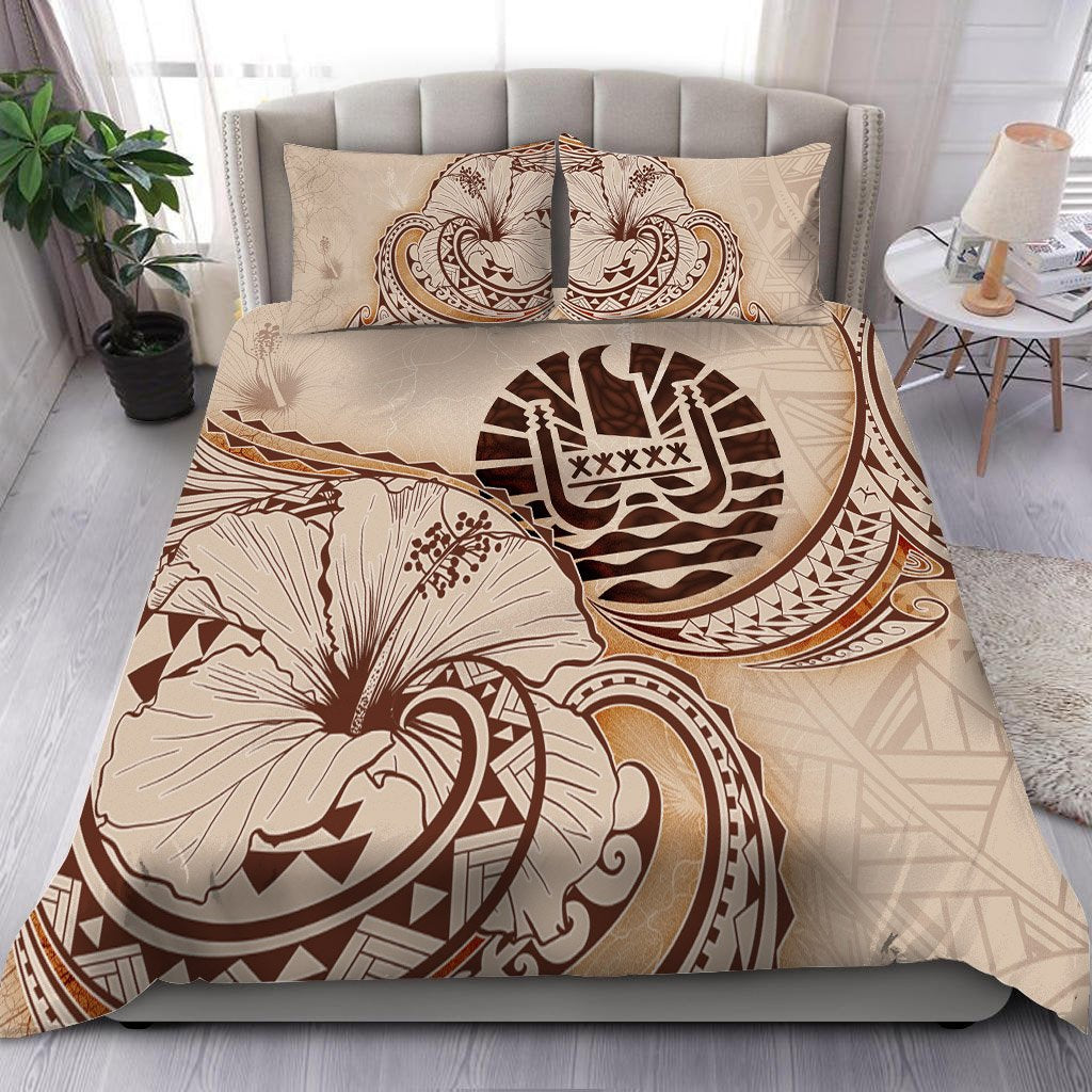 French Polynesia Bedding Set - Hibiscus Flower Vintage Style Nude - Polynesian Pride