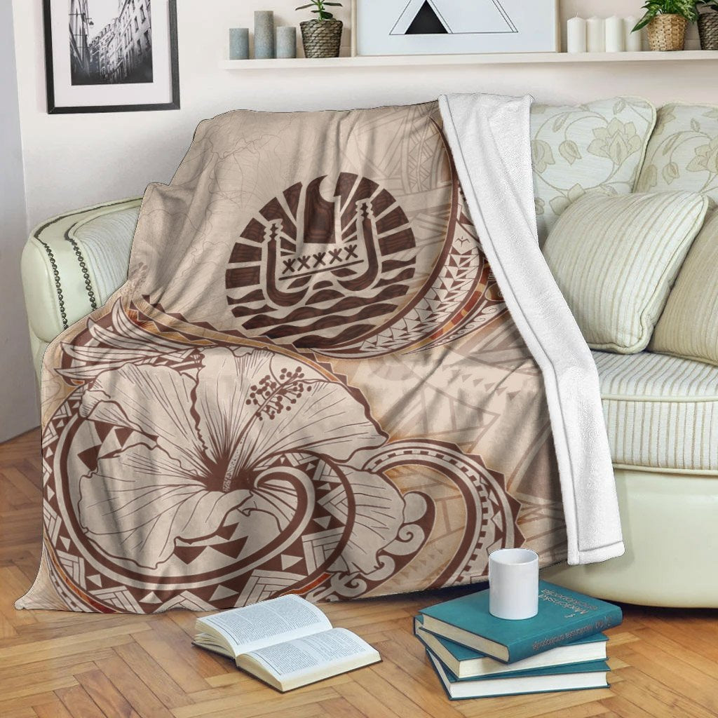 French Polynesia Premium Blanket - Hibiscus Flowers Vintage Style White - Polynesian Pride