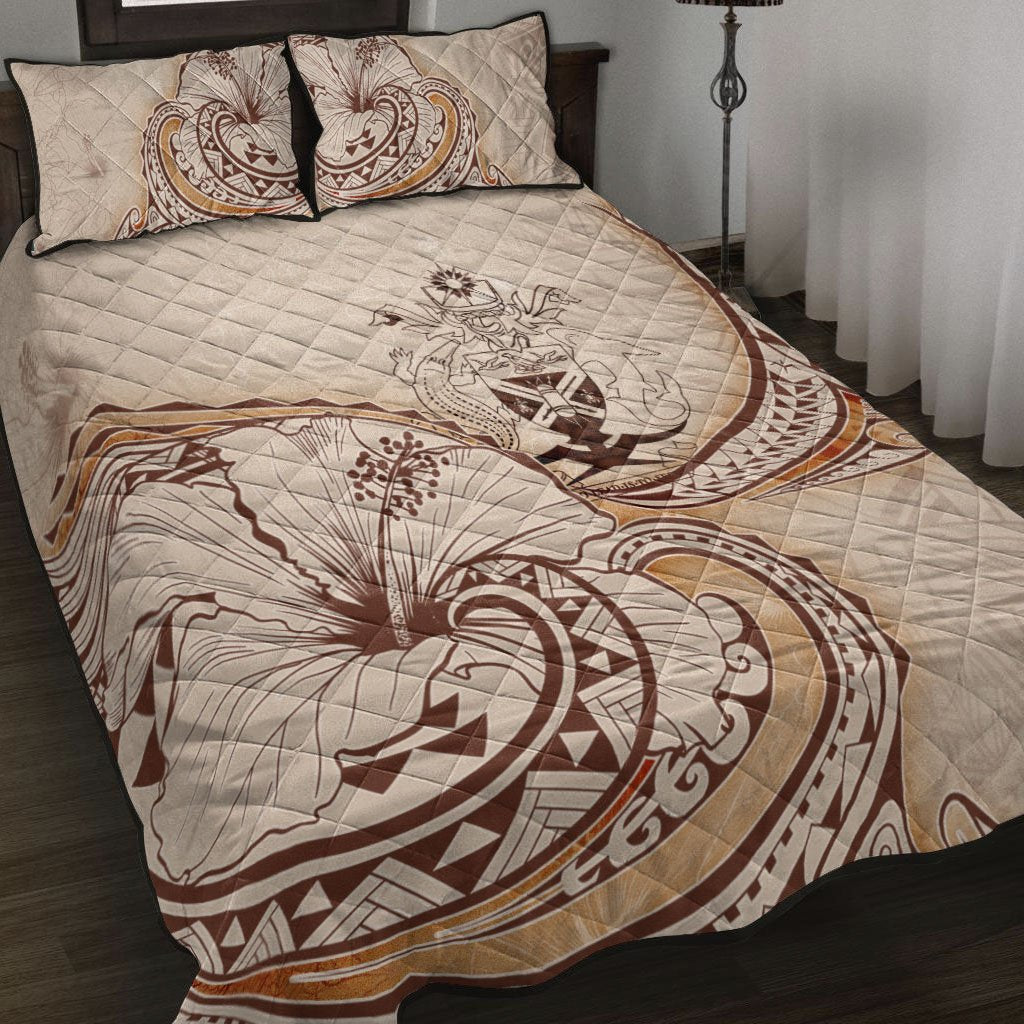 Solomon Islands Quilt Bed Set - Hibiscus Flowers Vintage Style Nude - Polynesian Pride