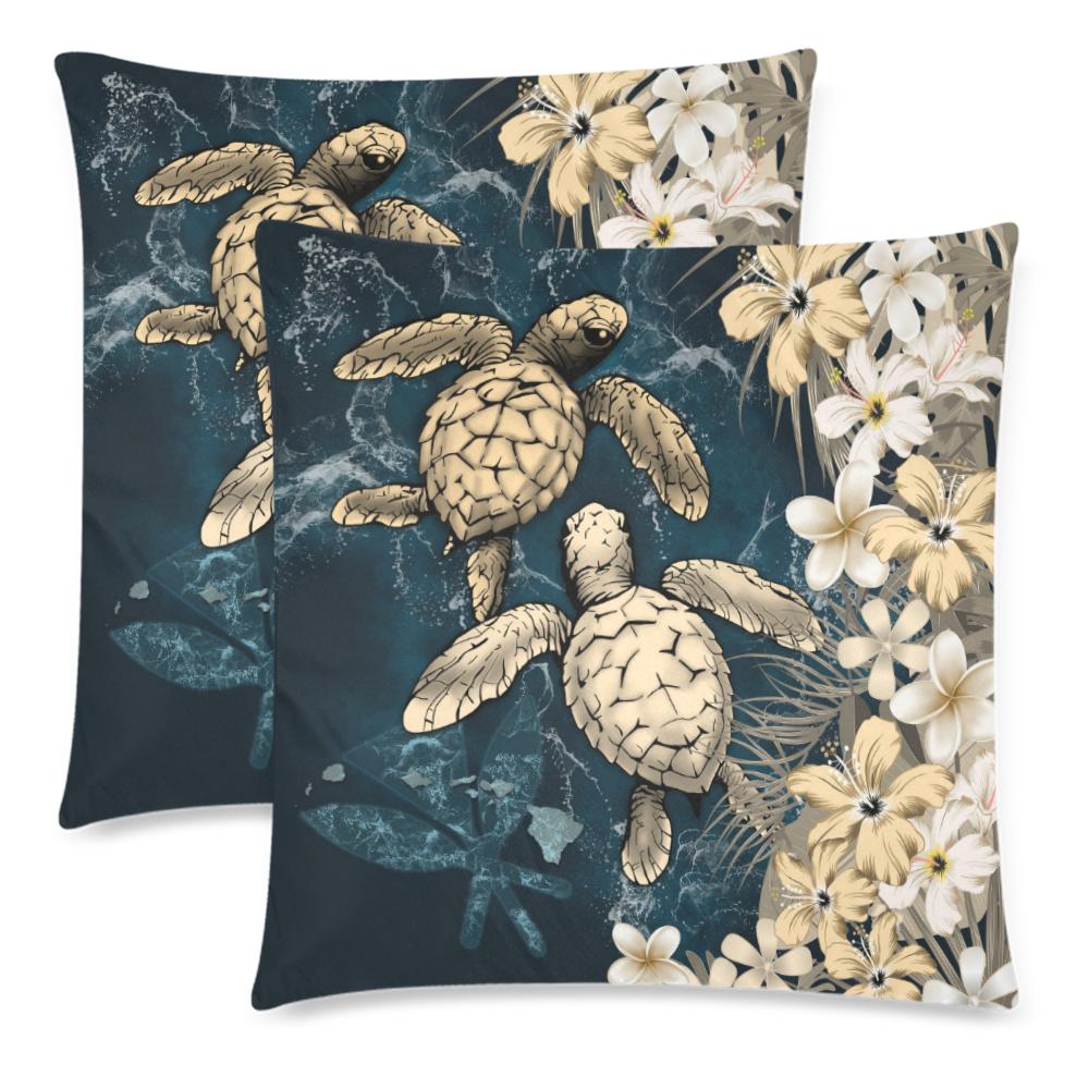 Kanaka Maoli (Hawaiian) Pillow Cases - Sea Turtle Tropical Hibiscus And Plumeria Gold - Polynesian Pride