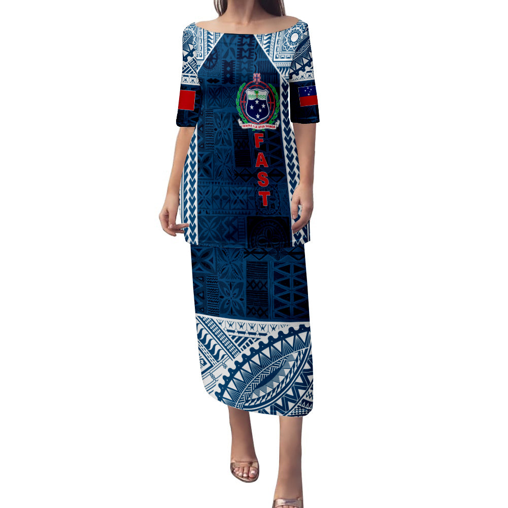 (Customize Personalize) F.A.S.T Samoa Mix Tapa Pattern Simple Style Puletasi Dress LT7 Women Blue - Polynesian Pride