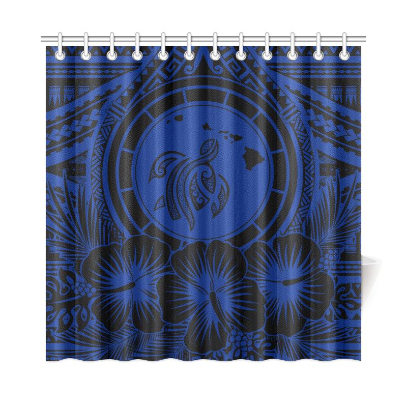 Hawaii Map Honu Hibiscus Blue Polynesian Shower Curtain - Polynesian Pride