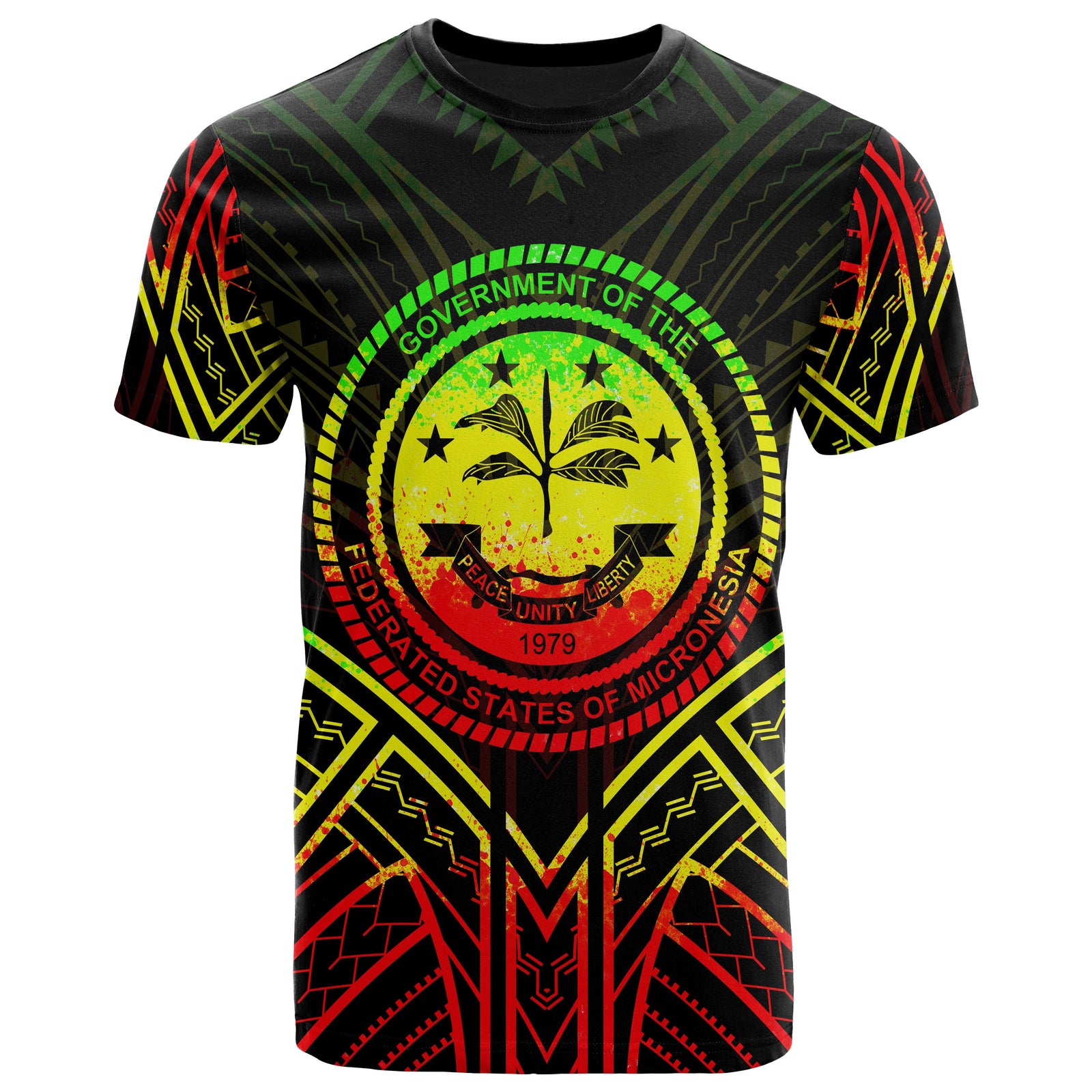 Federated States of Micronesia T Shirt FSM Seal Tribal Reggae Color Patterns Unisex Black - Polynesian Pride