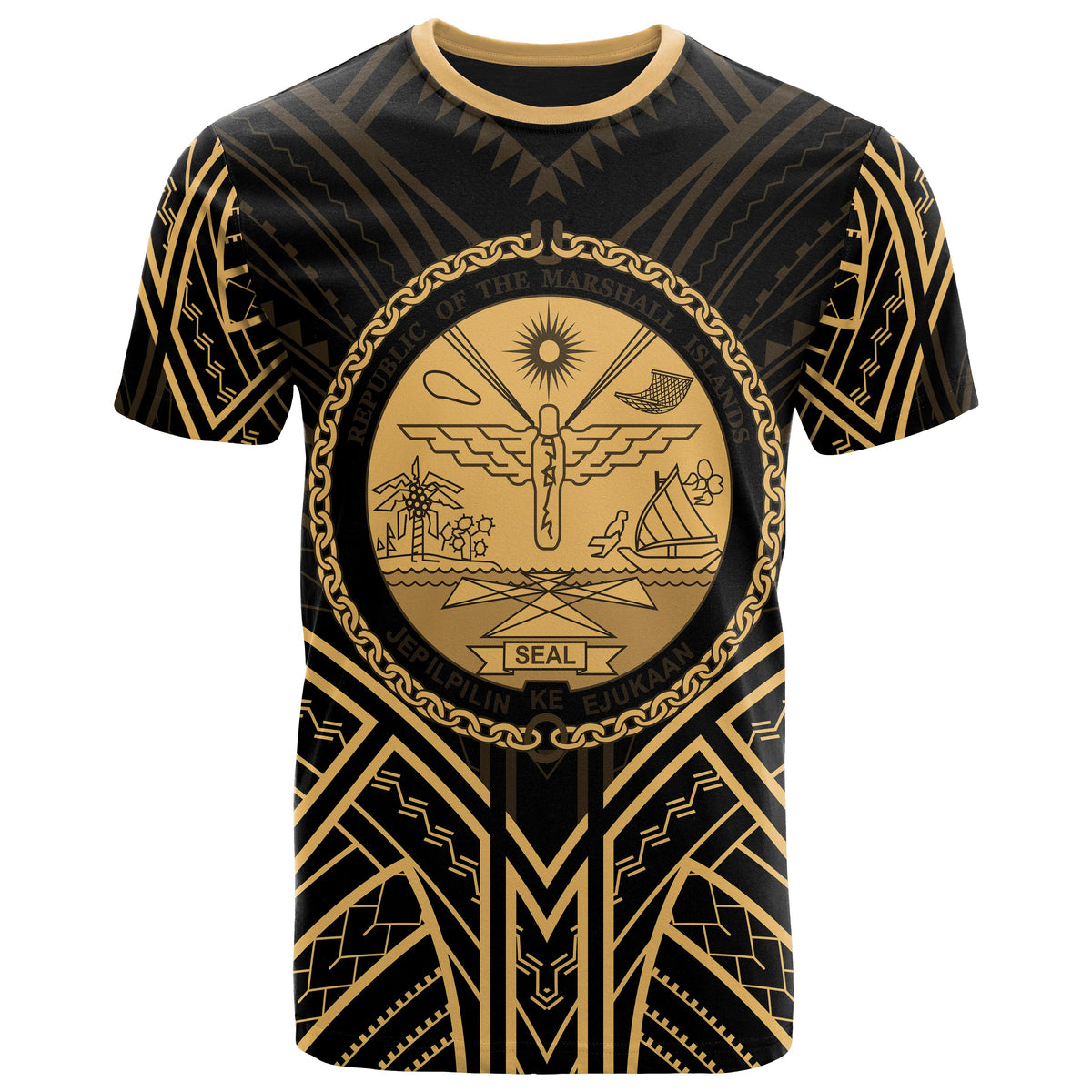 Marshall T Shirt Marshall Seal Tribal Gold Color Patterns Unisex Black - Polynesian Pride