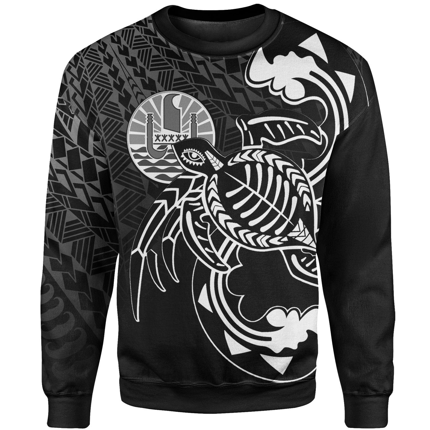 French Polynesia Sweatshirt - Turtle With Polynesian Waves Unisex Black - Polynesian Pride