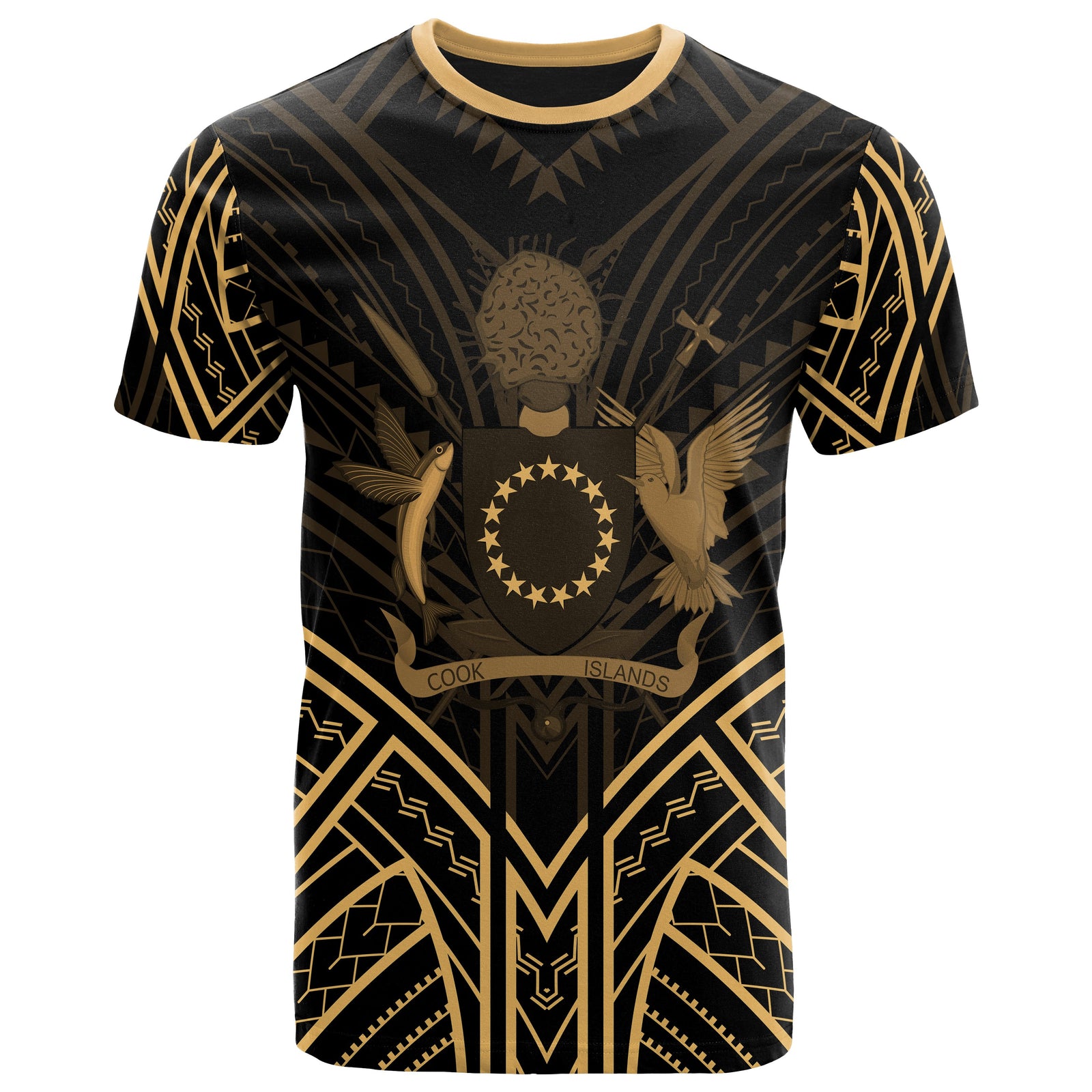 Cook Islands T Shirt Polynesian Seal Tribal Gold Color Patterns Unisex Black - Polynesian Pride