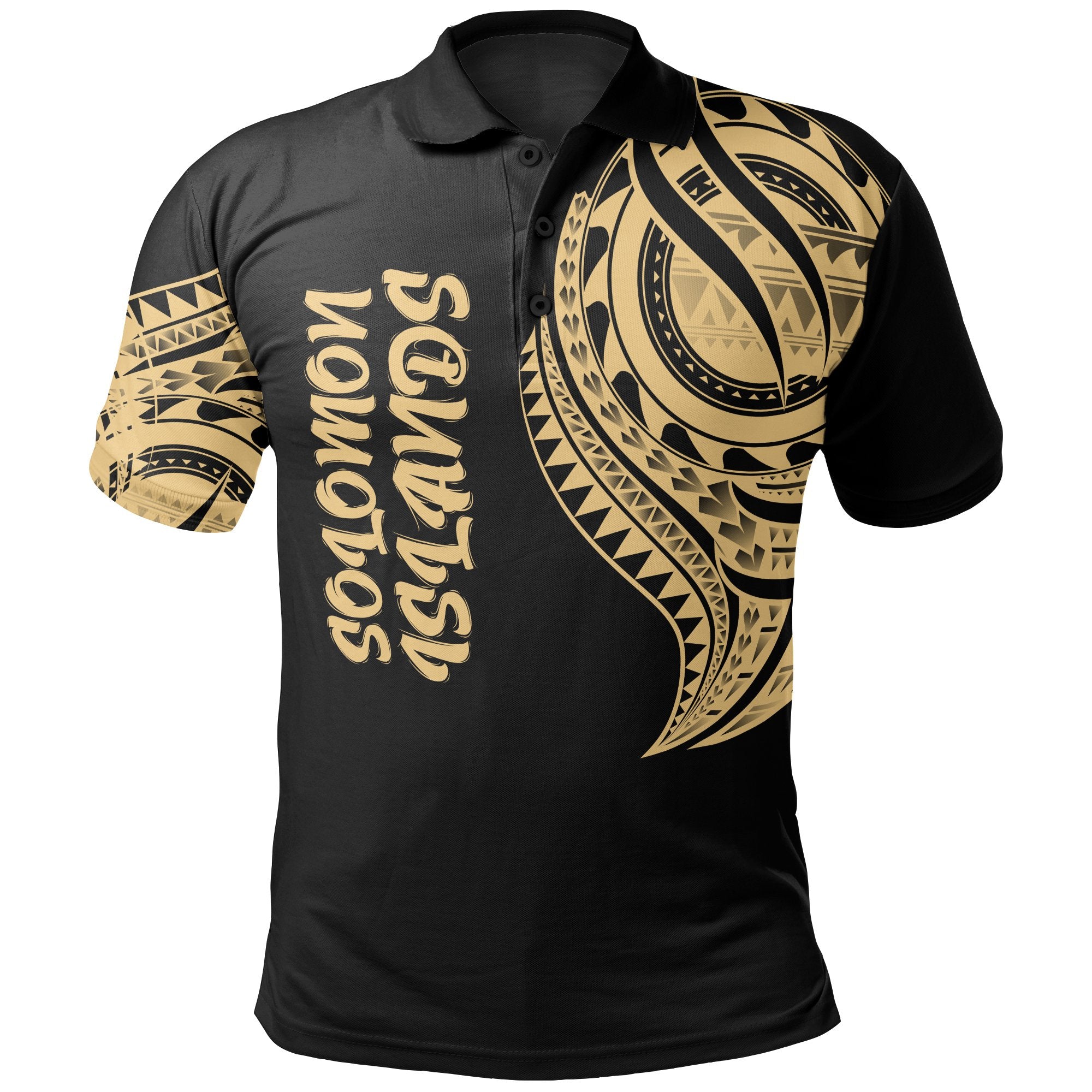 Solomon Islands Polo Shirt Melanesian Tatau Gold Patterns Unisex Black - Polynesian Pride