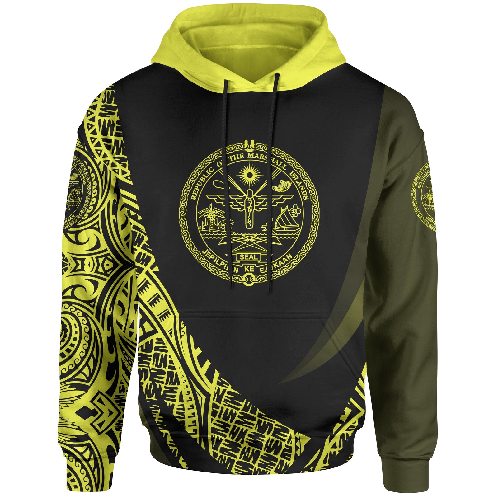 Marshall Islands Hoodie Yellow Polynesian Patterns Sport Style Unisex Black - Polynesian Pride