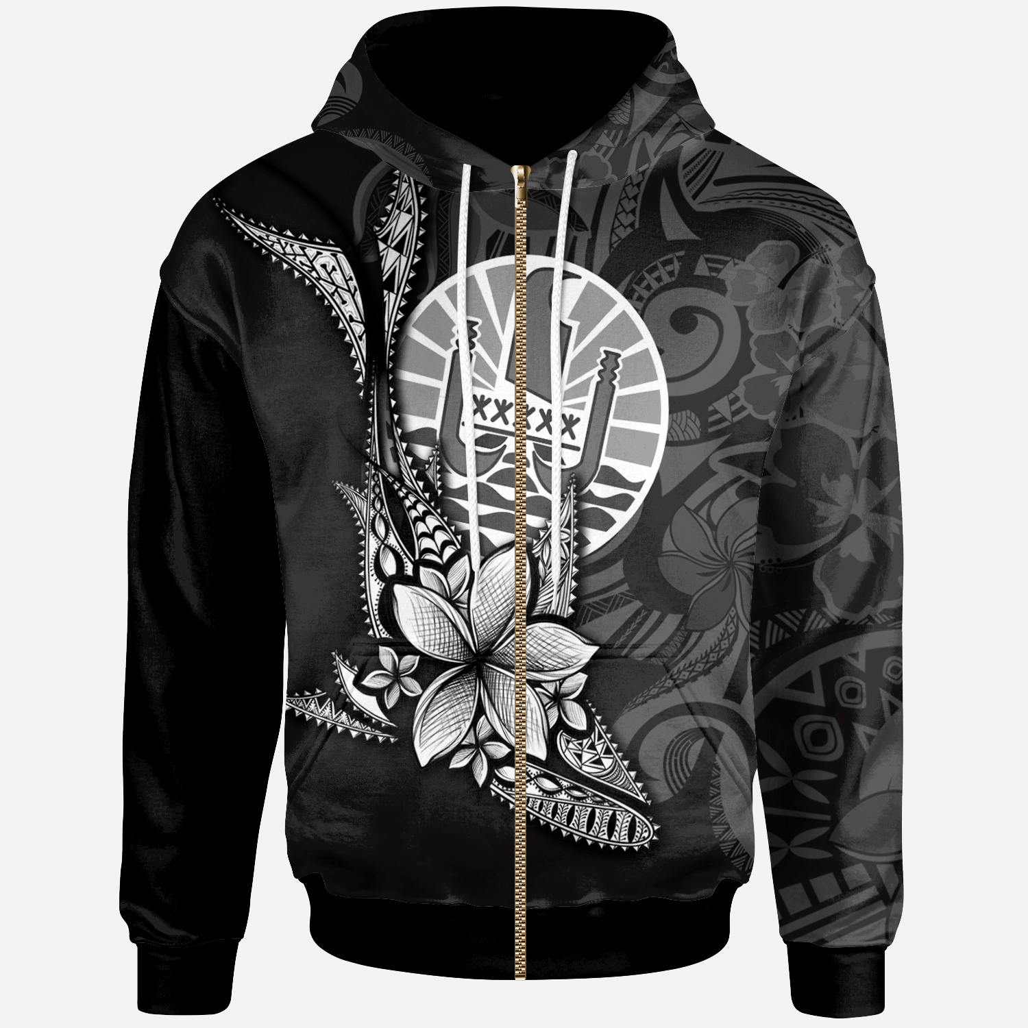 French Polynesia Custom Zip Hoodie Fish With Plumeria Flowers Style Unisex Black - Polynesian Pride