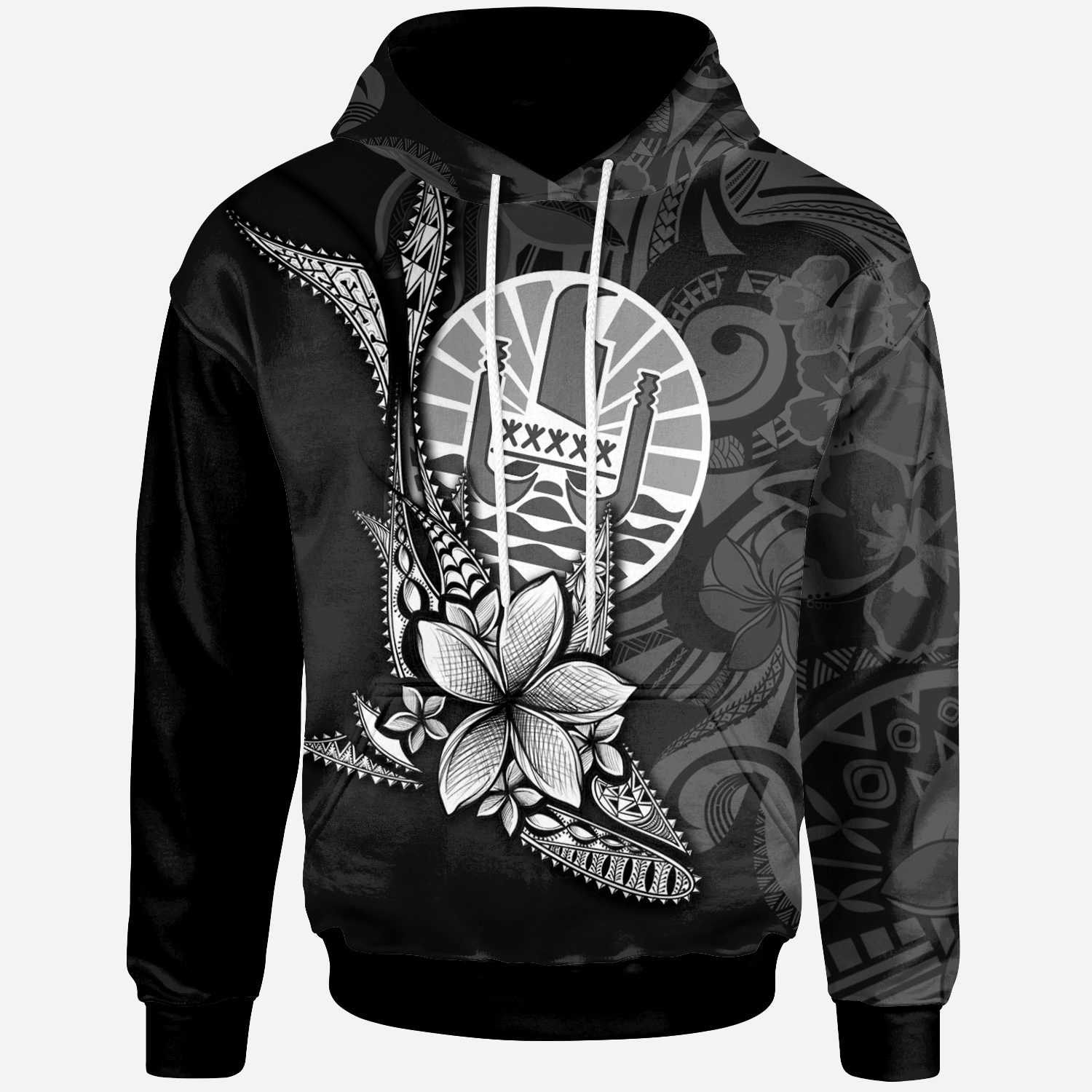 French Polynesia Hoodie Fish With Plumeria Flowers Style Unisex Black - Polynesian Pride