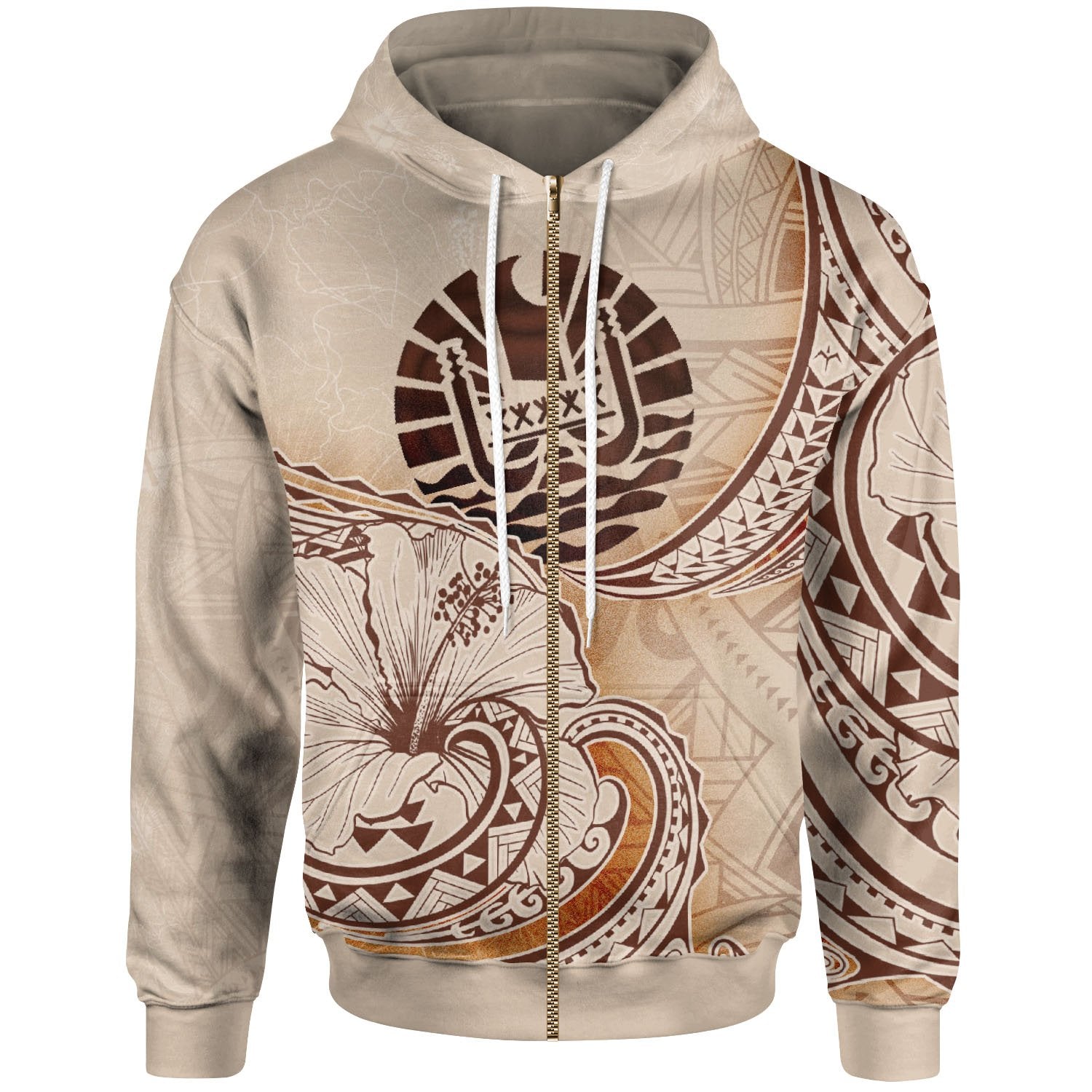 French Polynesia Zip Hoodie Hibiscus Flowers Vintage Style Unisex Nude - Polynesian Pride