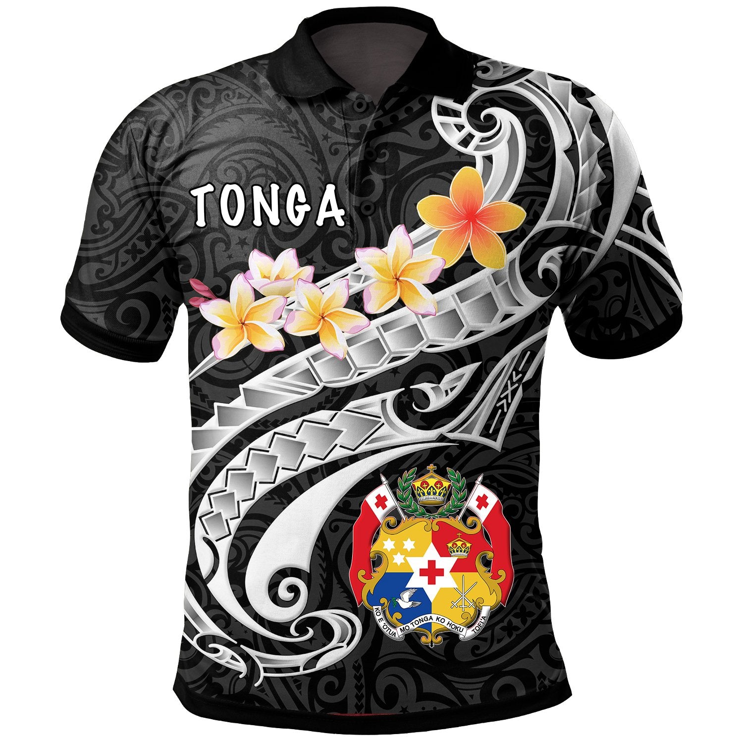 Tonga Polo Shirt Tongan Seal Polynesian Patterns Plumeria (Black) Unisex Black - Polynesian Pride