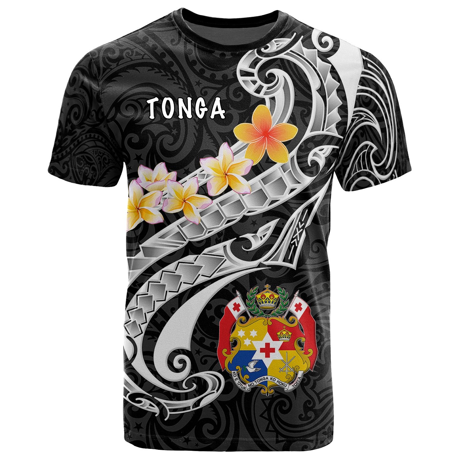 Tonga T Shirt Tonga Seal Polynesian Patterns Plumeria (Black) Unisex Black - Polynesian Pride
