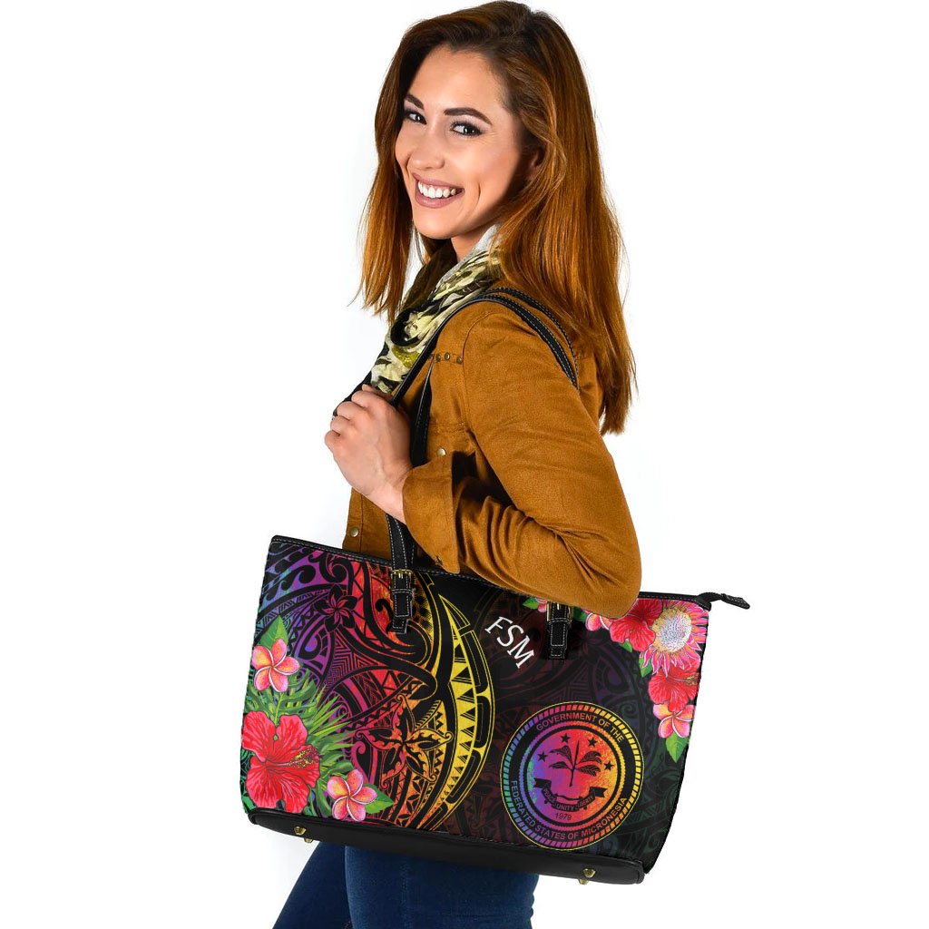 Federated States of Micronesia Leather Tote - Tropical Hippie Style Black - Polynesian Pride