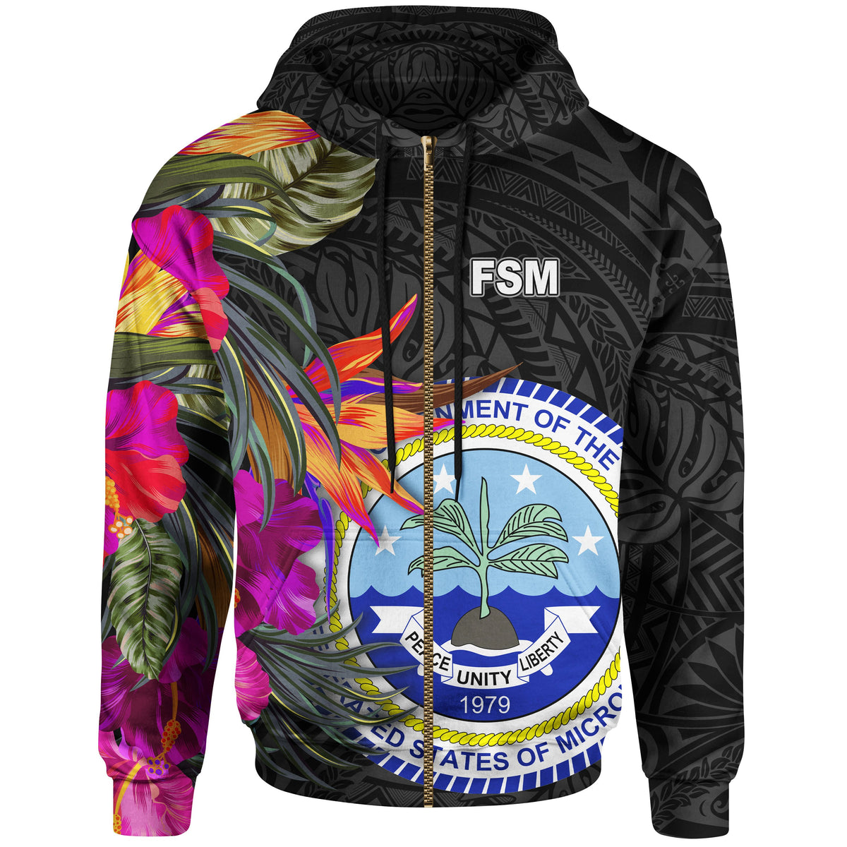 Federated States of Micronesia Zip up Hoodie Hibiscus Polynesian Pattern Unisex Black - Polynesian Pride