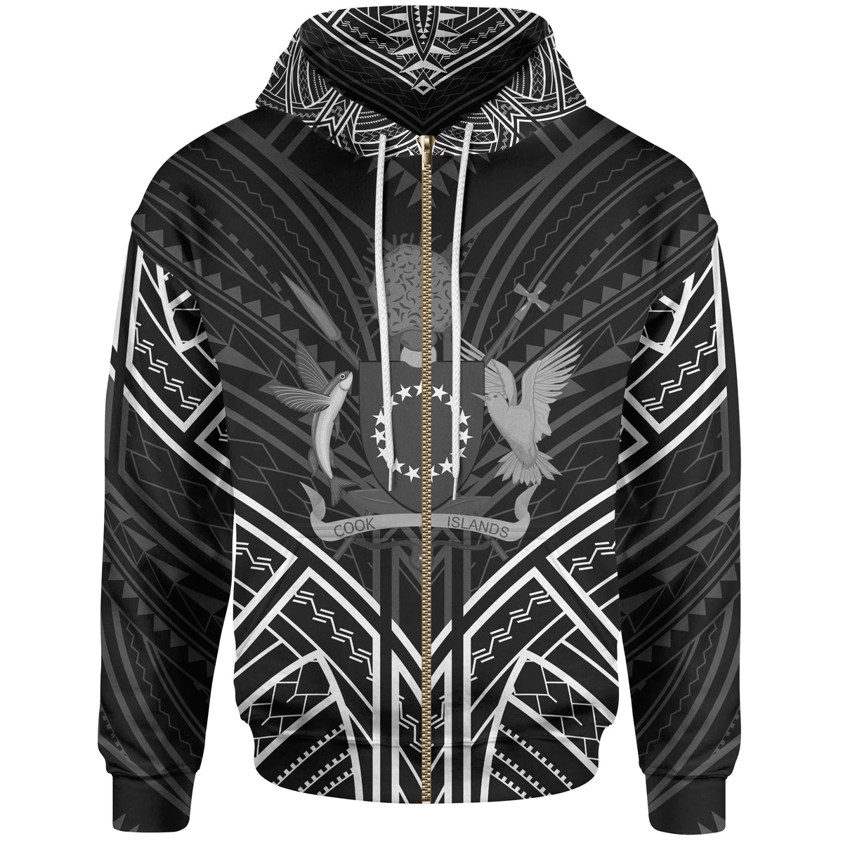 Cook Islands Zip Hoodie Cook Islands Seal Black Tribal Patterns Unisex White - Polynesian Pride