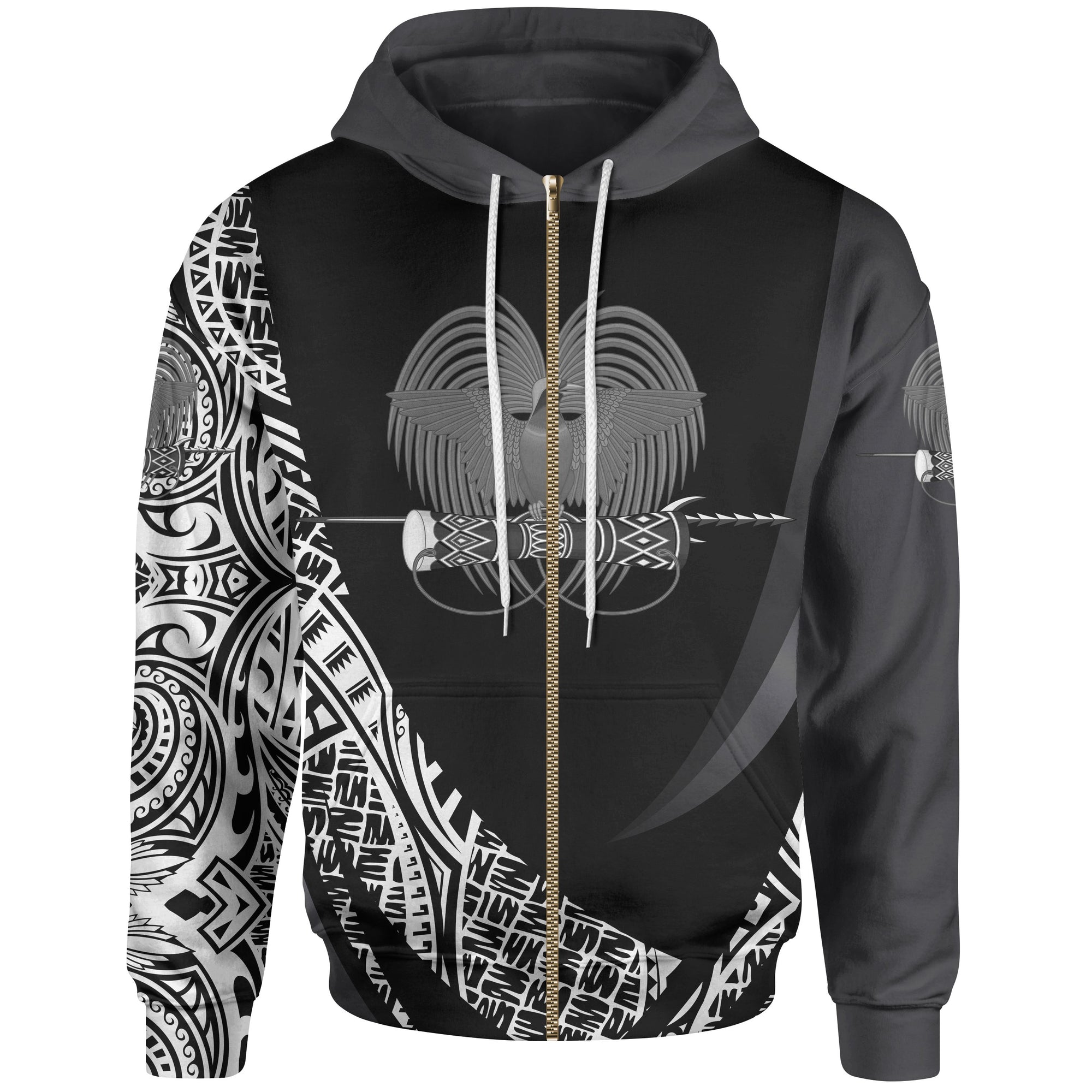 Papua New Guinea Zip Hoodie White Polynesian Patterns Sport Style Unisex Black - Polynesian Pride