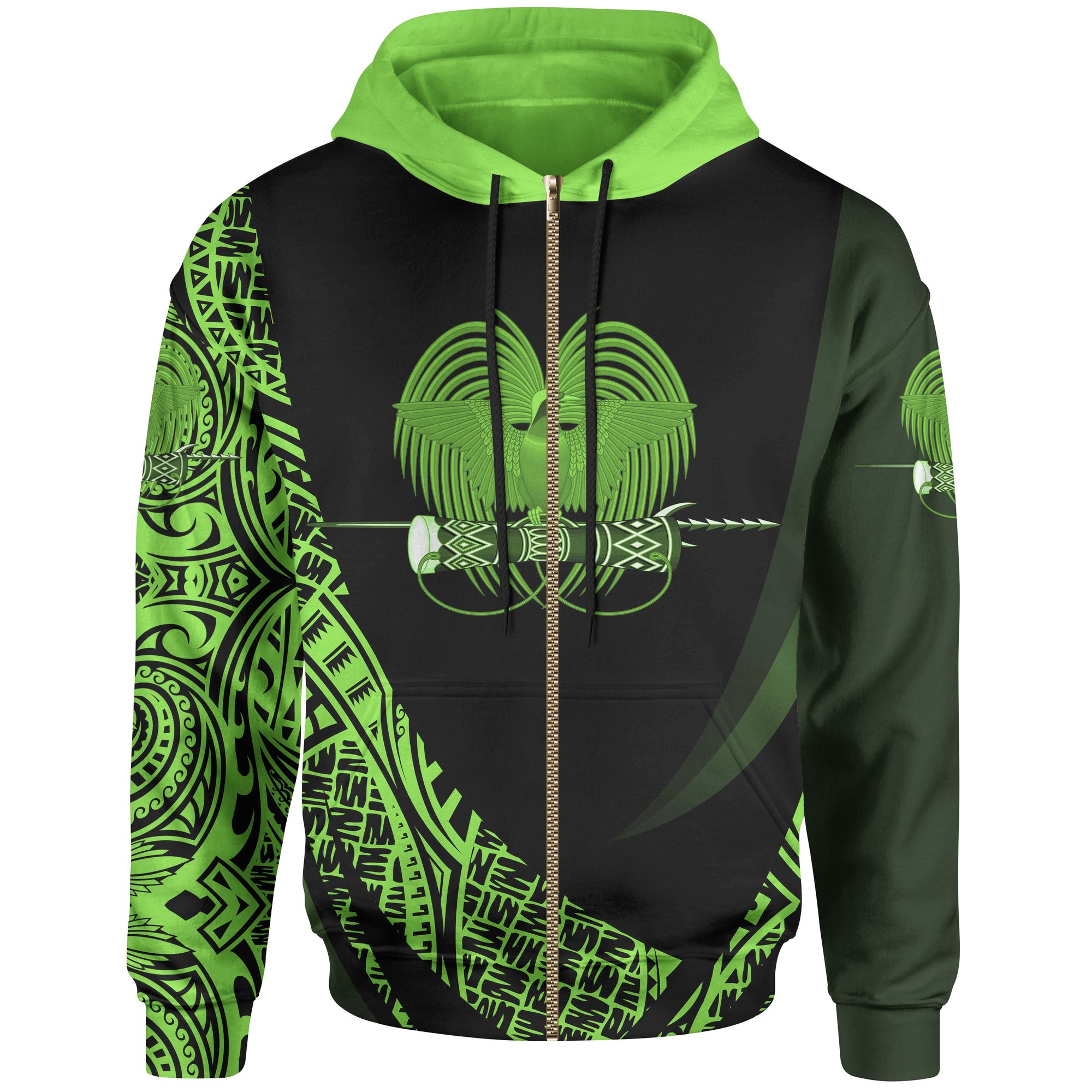 Papua New Guinea Zip Hoodie Green Polynesian Patterns Sport Style Unisex Black - Polynesian Pride