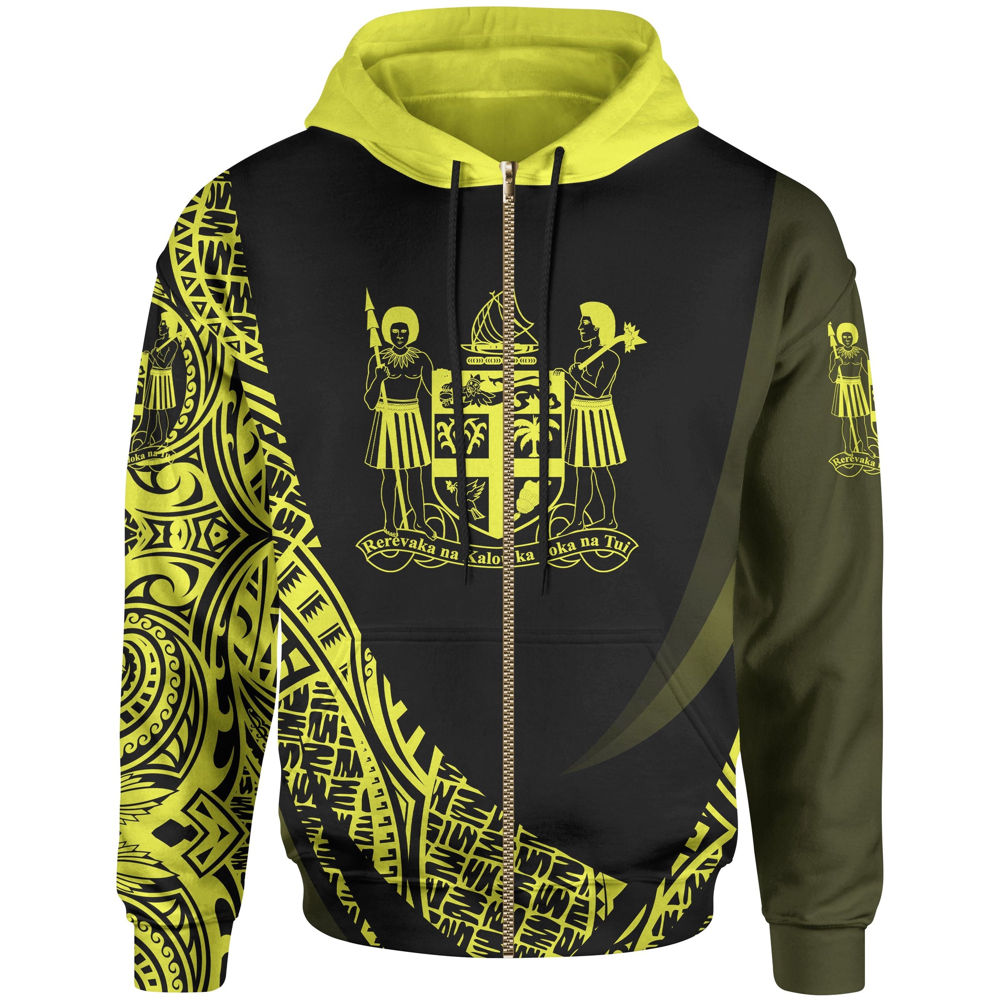 Fiji Zip Hoodie Yellow Polynesian Patterns Sport Style Unisex Black - Polynesian Pride
