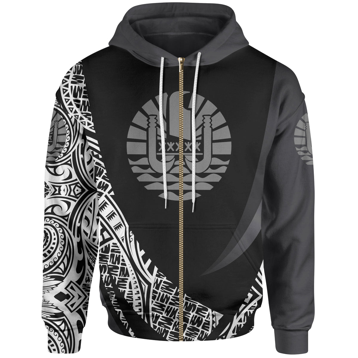 Tahiti Zip Hoodie White Polynesian Patterns Sport Style Unisex Black - Polynesian Pride