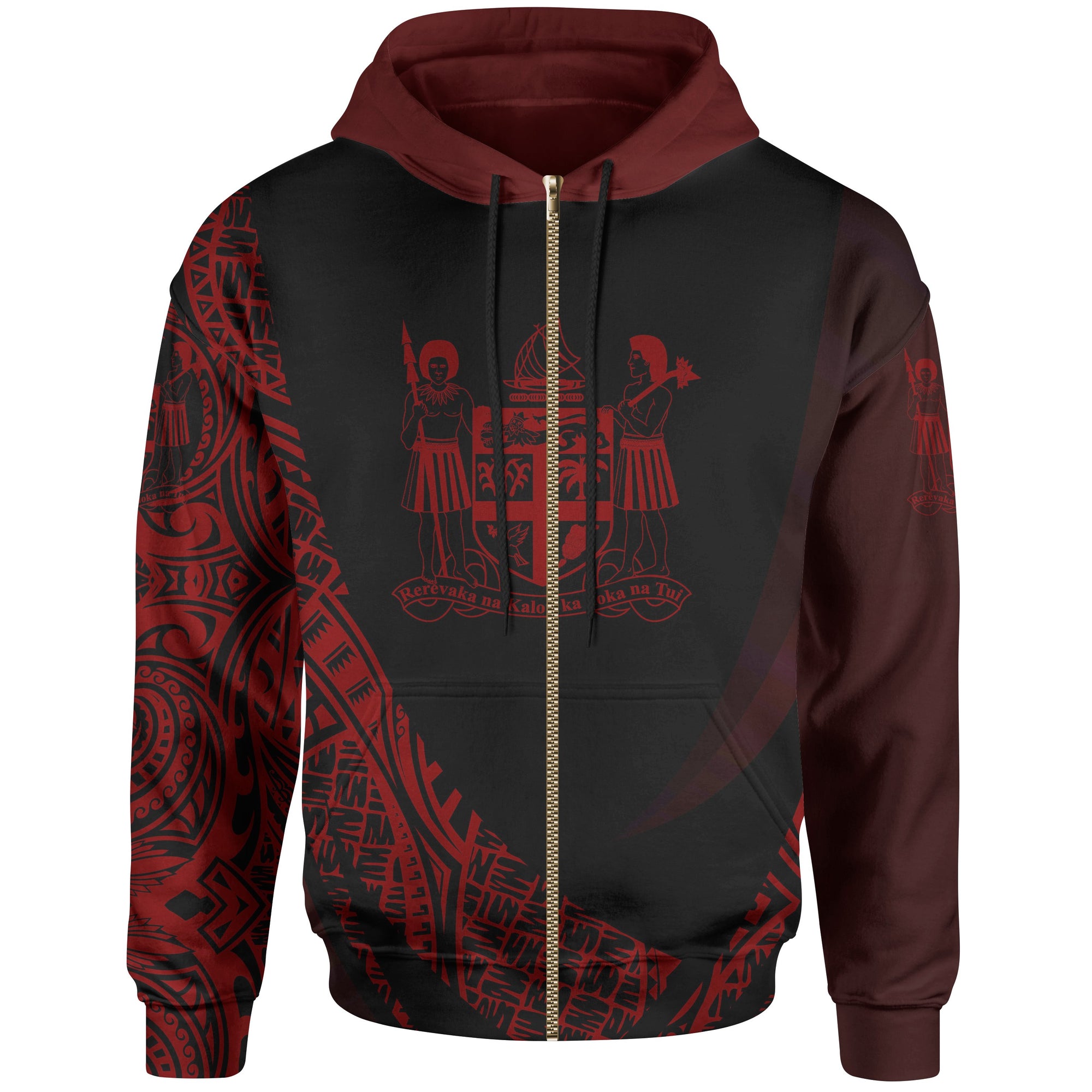 Fiji Zip Hoodie Red Polynesian Patterns Sport Style Unisex Black - Polynesian Pride