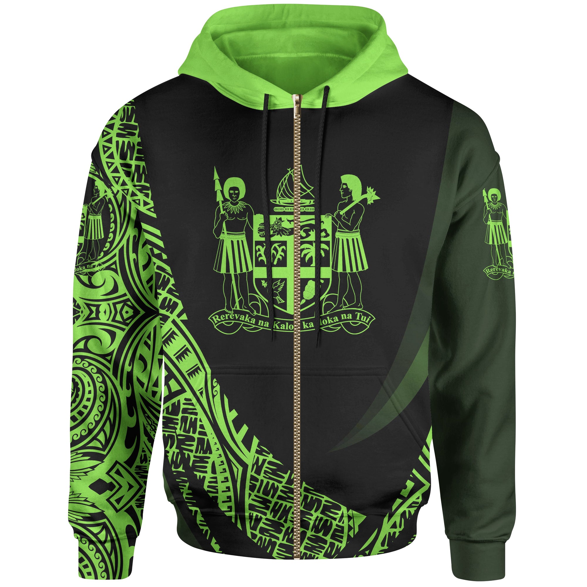 Fiji Zip Hoodie Green Polynesian Patterns Sport Style Unisex Black - Polynesian Pride