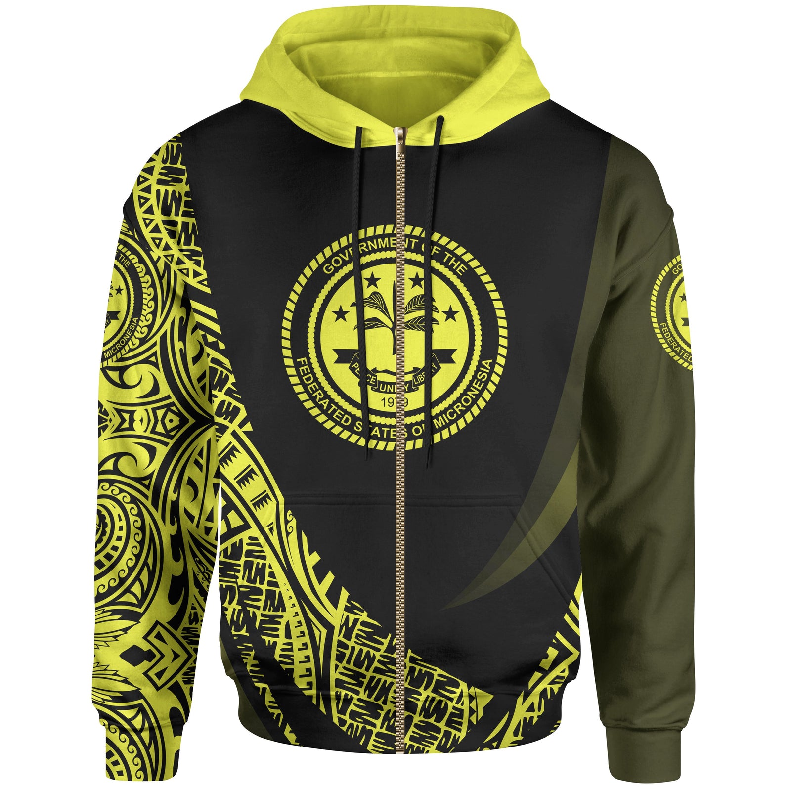 Federated States of Micronesia Zip Hoodie Yellow Polynesian Patterns Sport Style Unisex Black - Polynesian Pride