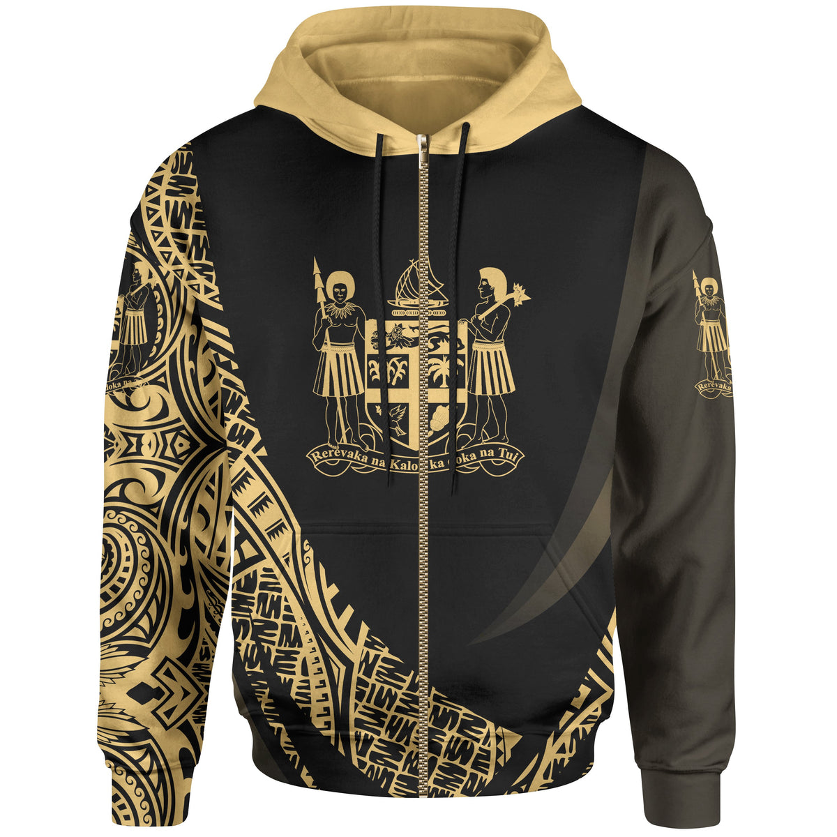 Fiji Zip Hoodie Gold Polynesian Patterns Sport Style Unisex Black - Polynesian Pride