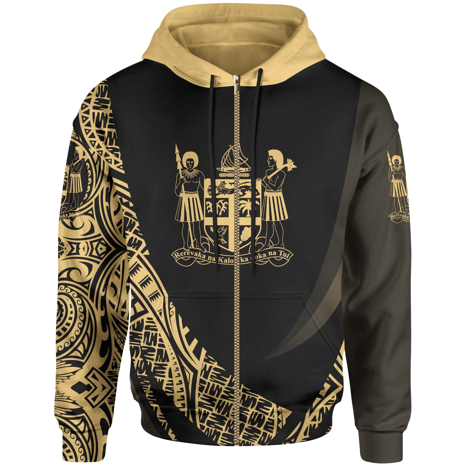 Fiji Zip Hoodie Gold Polynesian Patterns Sport Style Unisex Black - Polynesian Pride