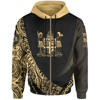 Fiji Zip Hoodie Gold Polynesian Patterns Sport Style Unisex Black - Polynesian Pride