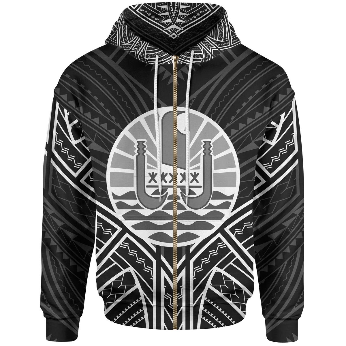 French Polynesia Zip Hoodie French Polynesia Seal Black Tribal Patterns Unisex White - Polynesian Pride