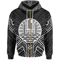 French Polynesia Zip Hoodie French Polynesia Seal Black Tribal Patterns Unisex White - Polynesian Pride
